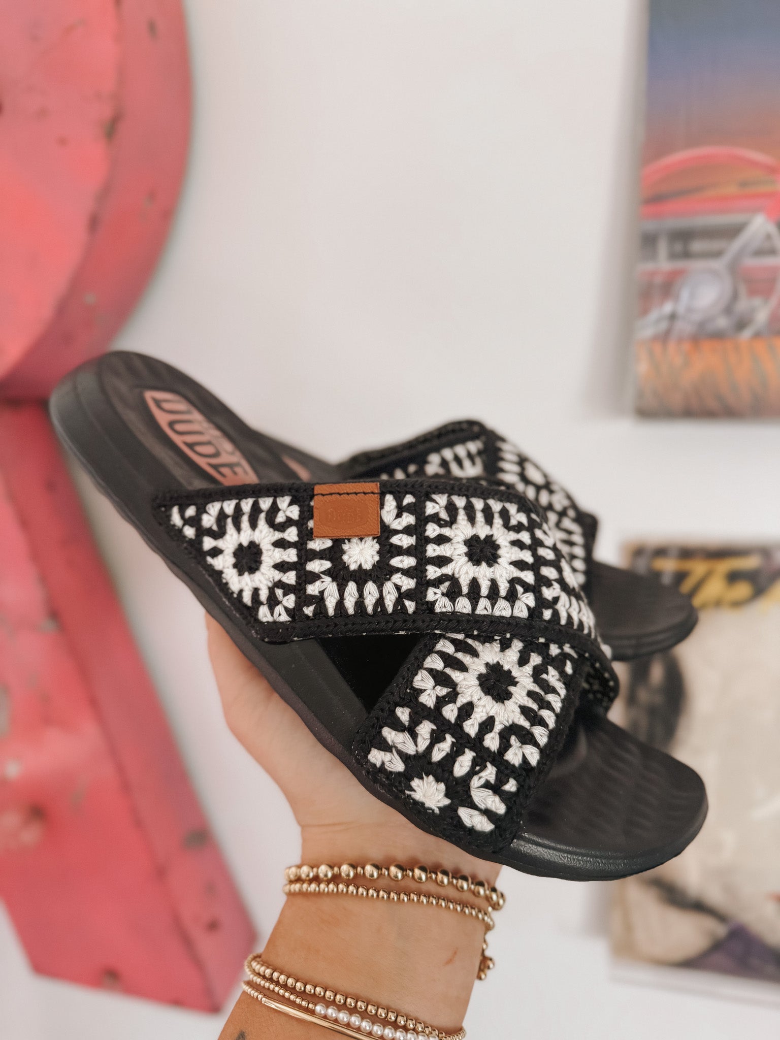 Women's Hey Dude Christi Slide Cottage Crochet in Black/White