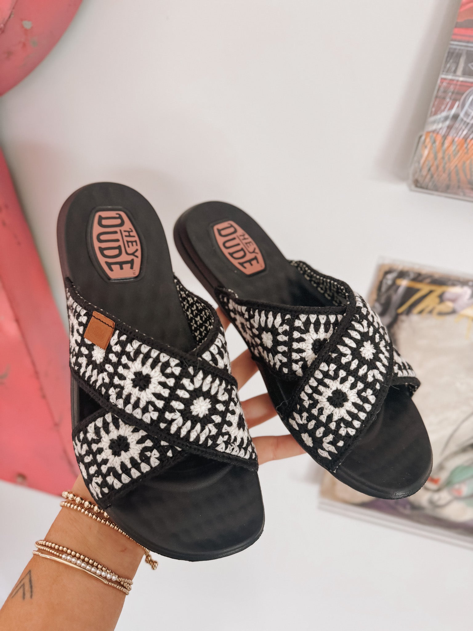 Women's Hey Dude Christi Slide Cottage Crochet in Black/White