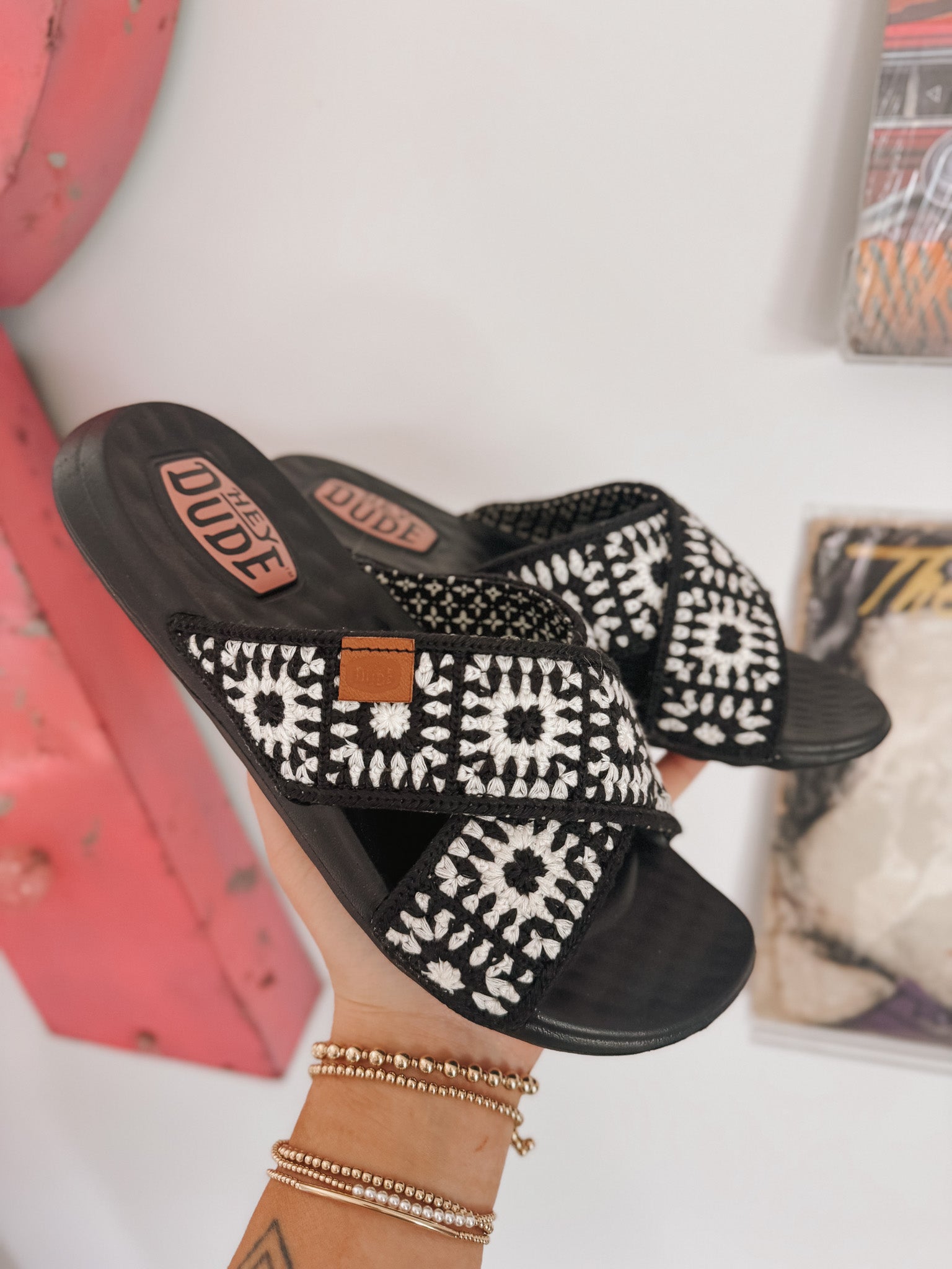 Women's Hey Dude Christi Slide Cottage Crochet in Black/White