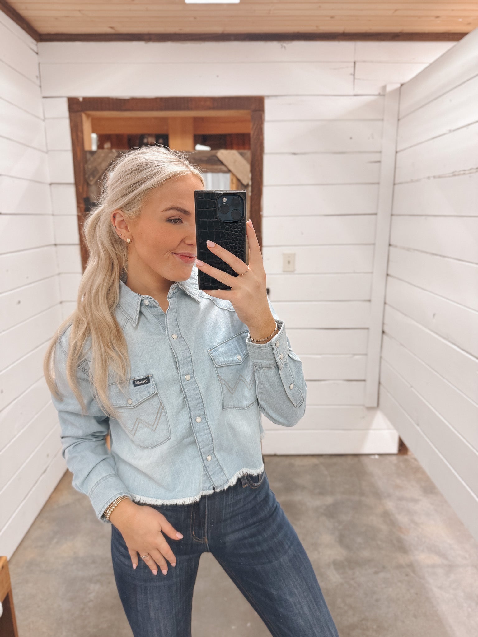 Women's Wrangler Cut-Off Denim Boyfriend Snap Shirt