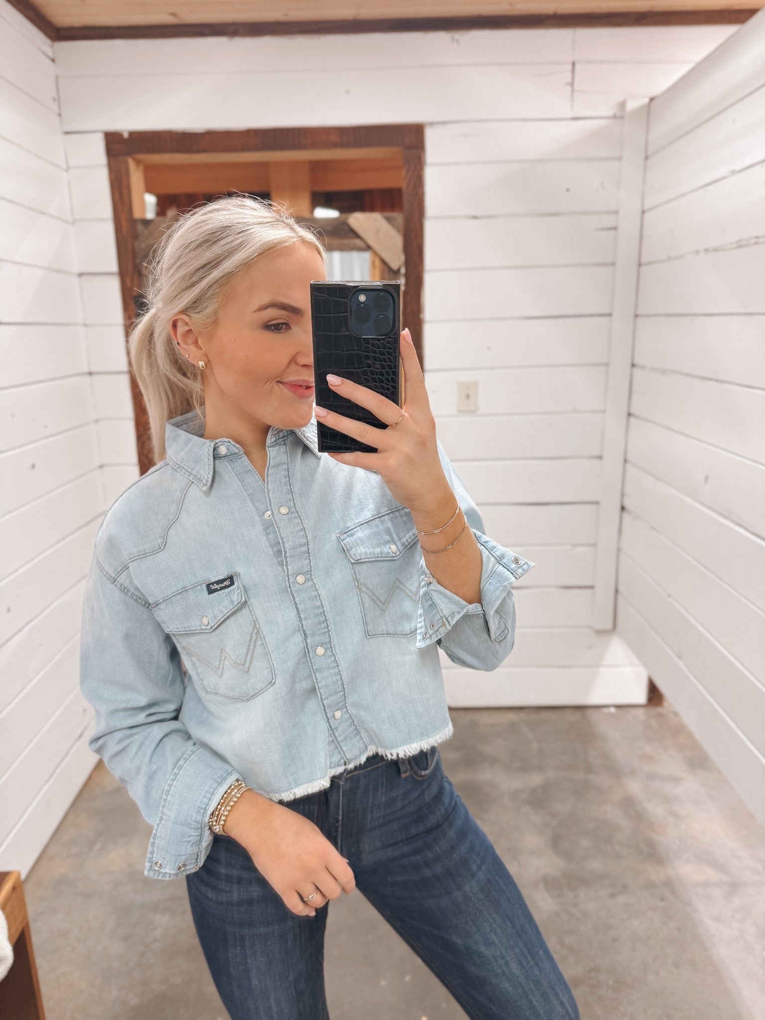 Women's Wrangler Cut-Off Denim Boyfriend Snap Shirt
