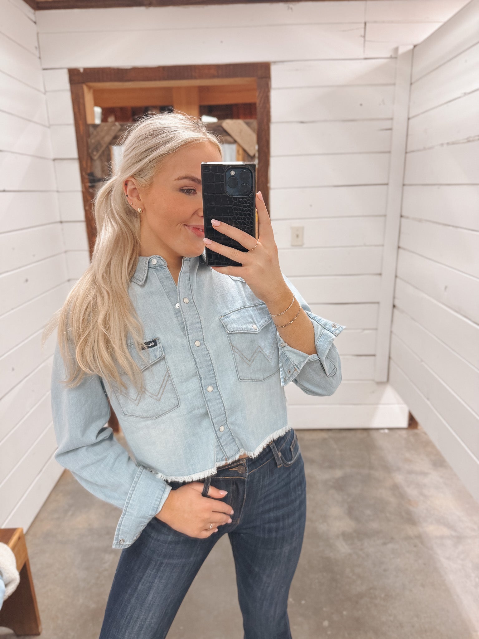 Women's Wrangler Cut-Off Denim Boyfriend Snap Shirt