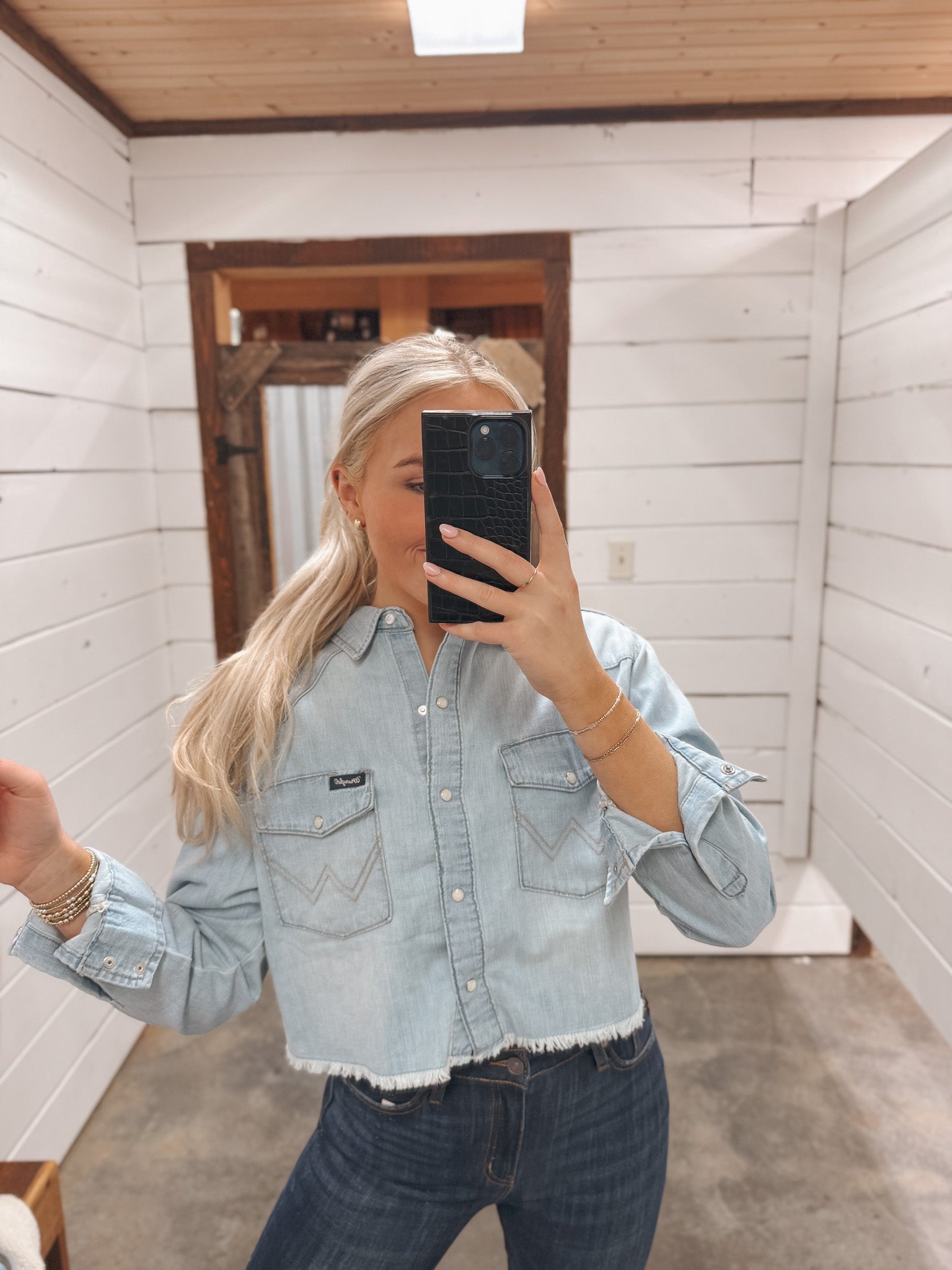 Women's Wrangler Cut-Off Denim Boyfriend Snap Shirt