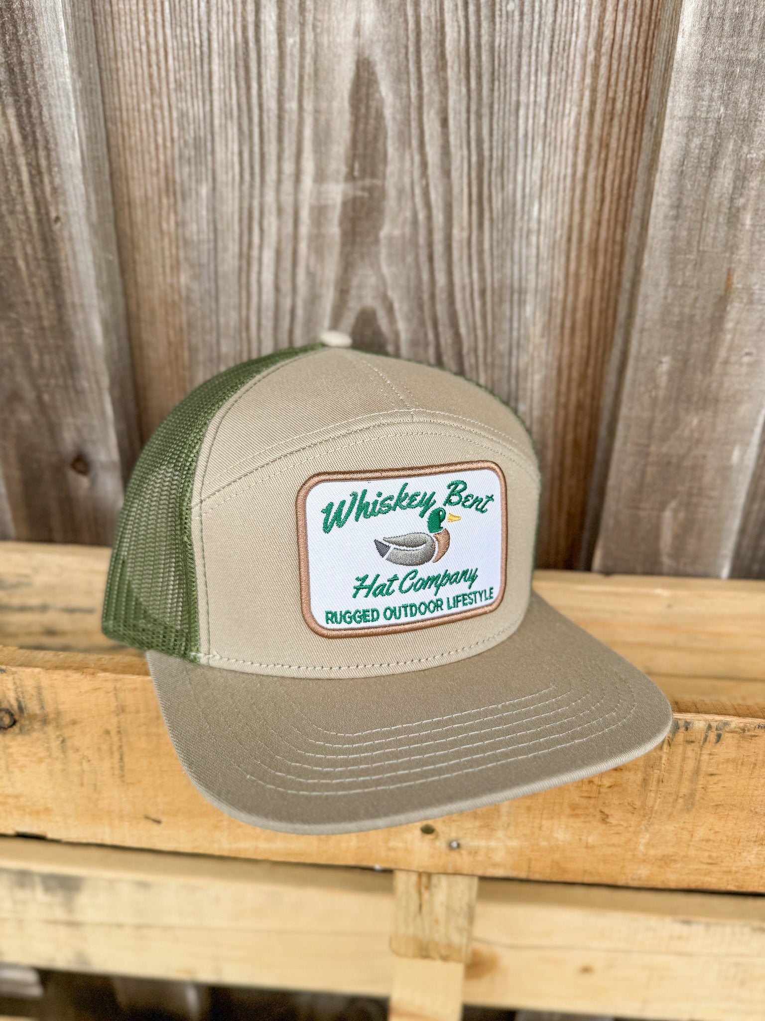 Whiskey Bent Hat Co. Green Head 7-Panel Khaki/Green Cap