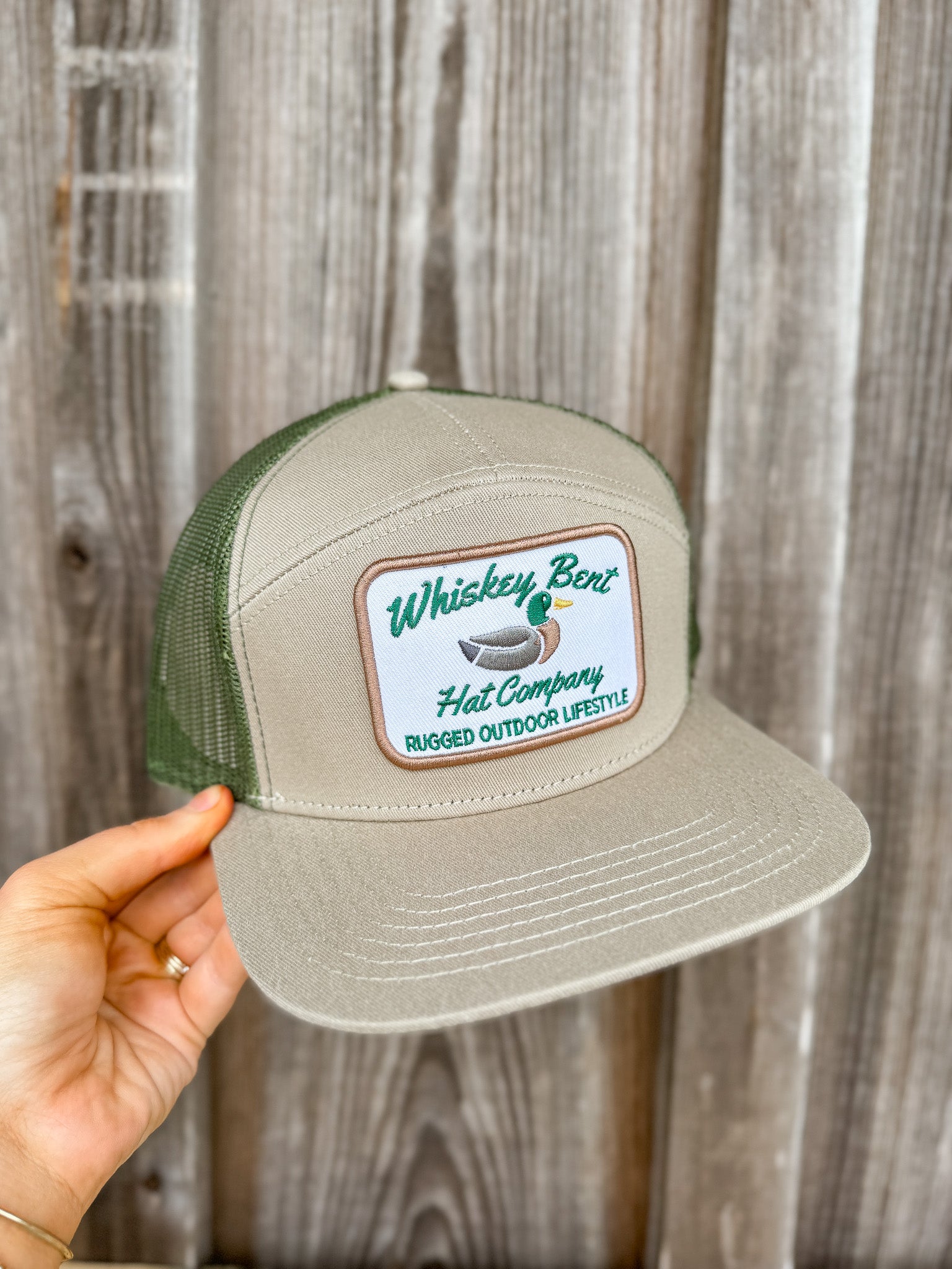 Whiskey Bent Hat Co. Green Head 7-Panel Khaki/Green Cap