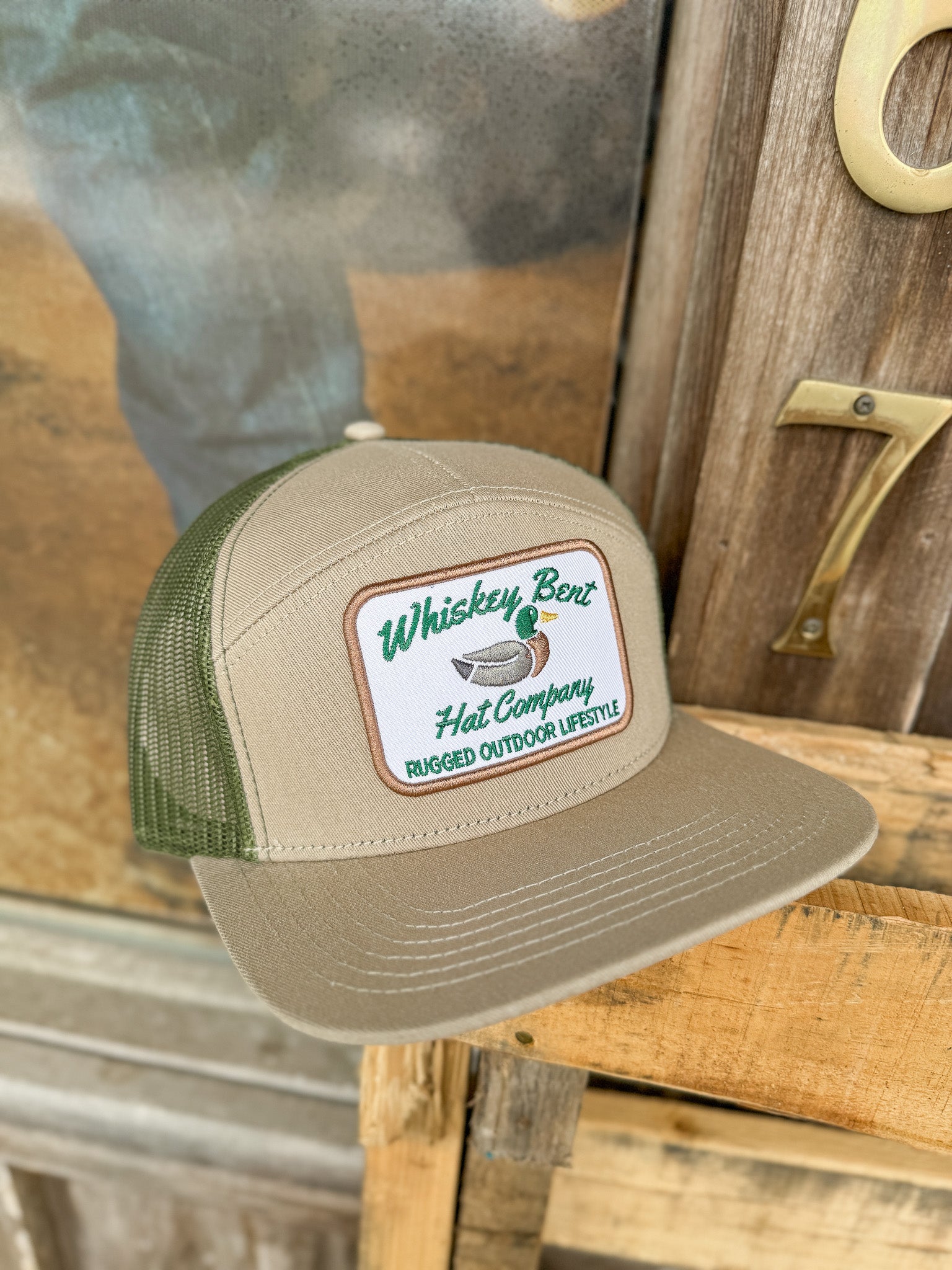 Whiskey Bent Hat Co. Green Head 7-Panel Khaki/Green Cap