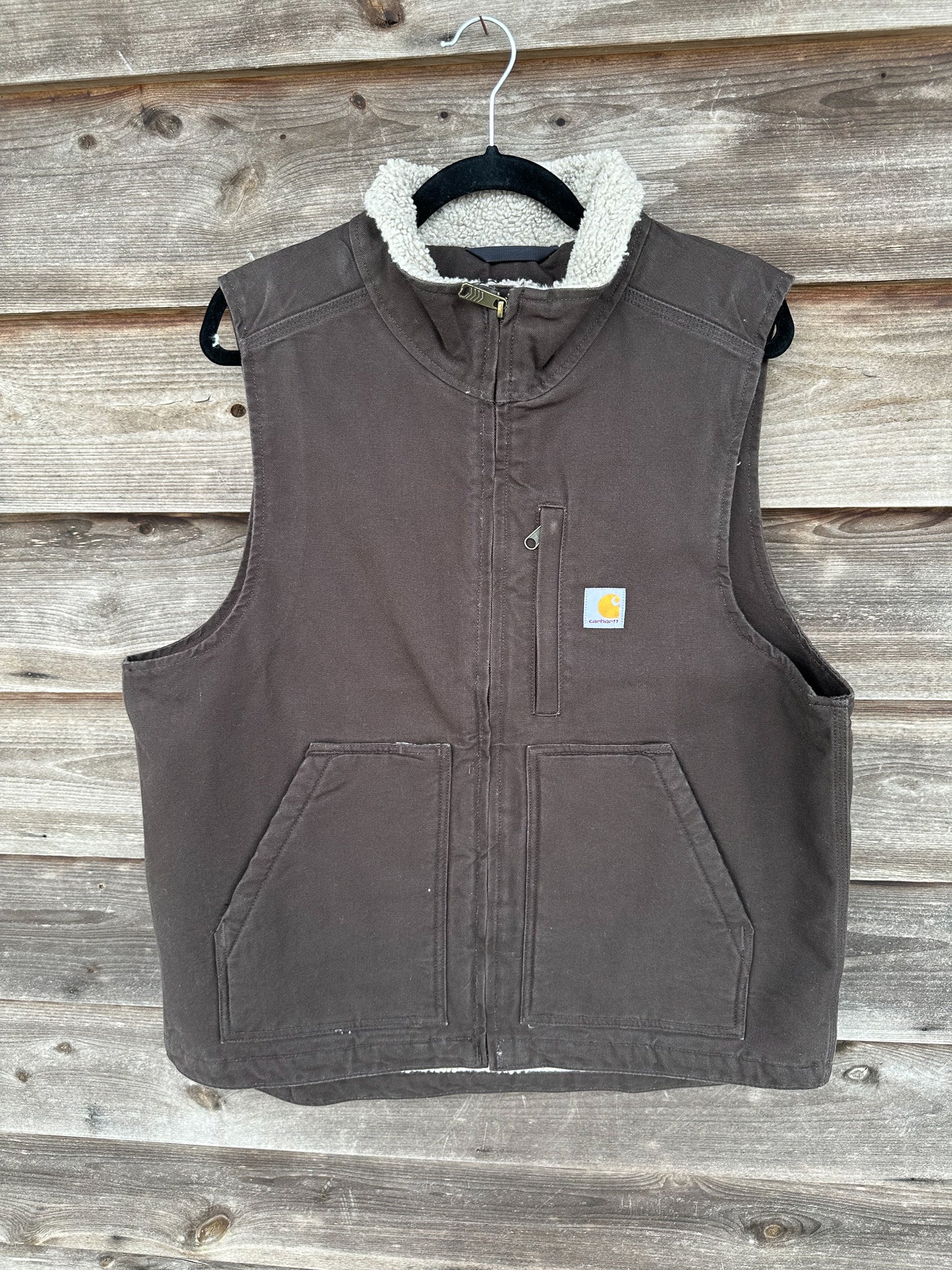 Men's Carhartt Mock-Neck Sherpa-Lined Vest - Loose Fit - Washed Duck - Dark Brown