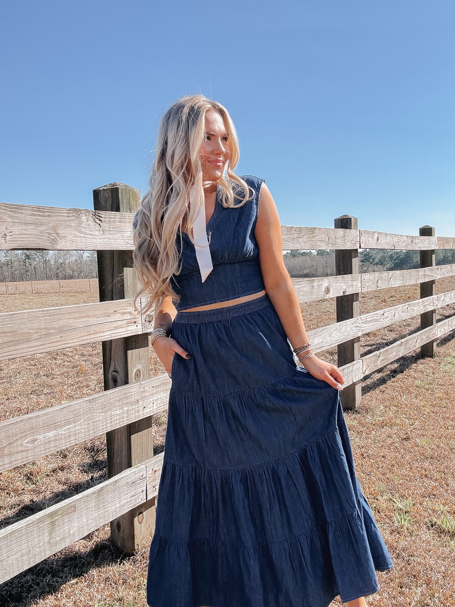 denim tiered maxi dress Wrangler Retro Denim Tiered Maxi Skirt LG