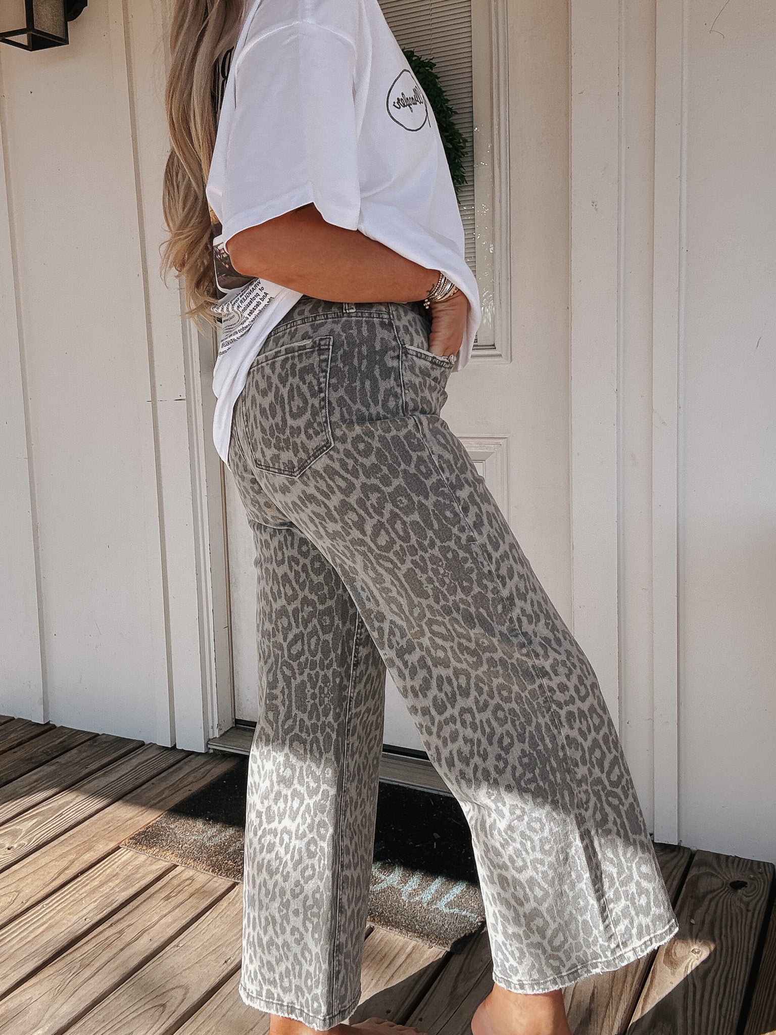 The Tylee High Rise Crop Wide Leg Jeans in Grey Leopard