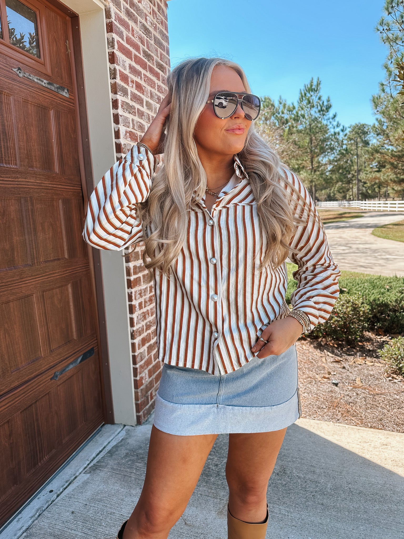Cider Season Striped Long Sleeve Button Up Top