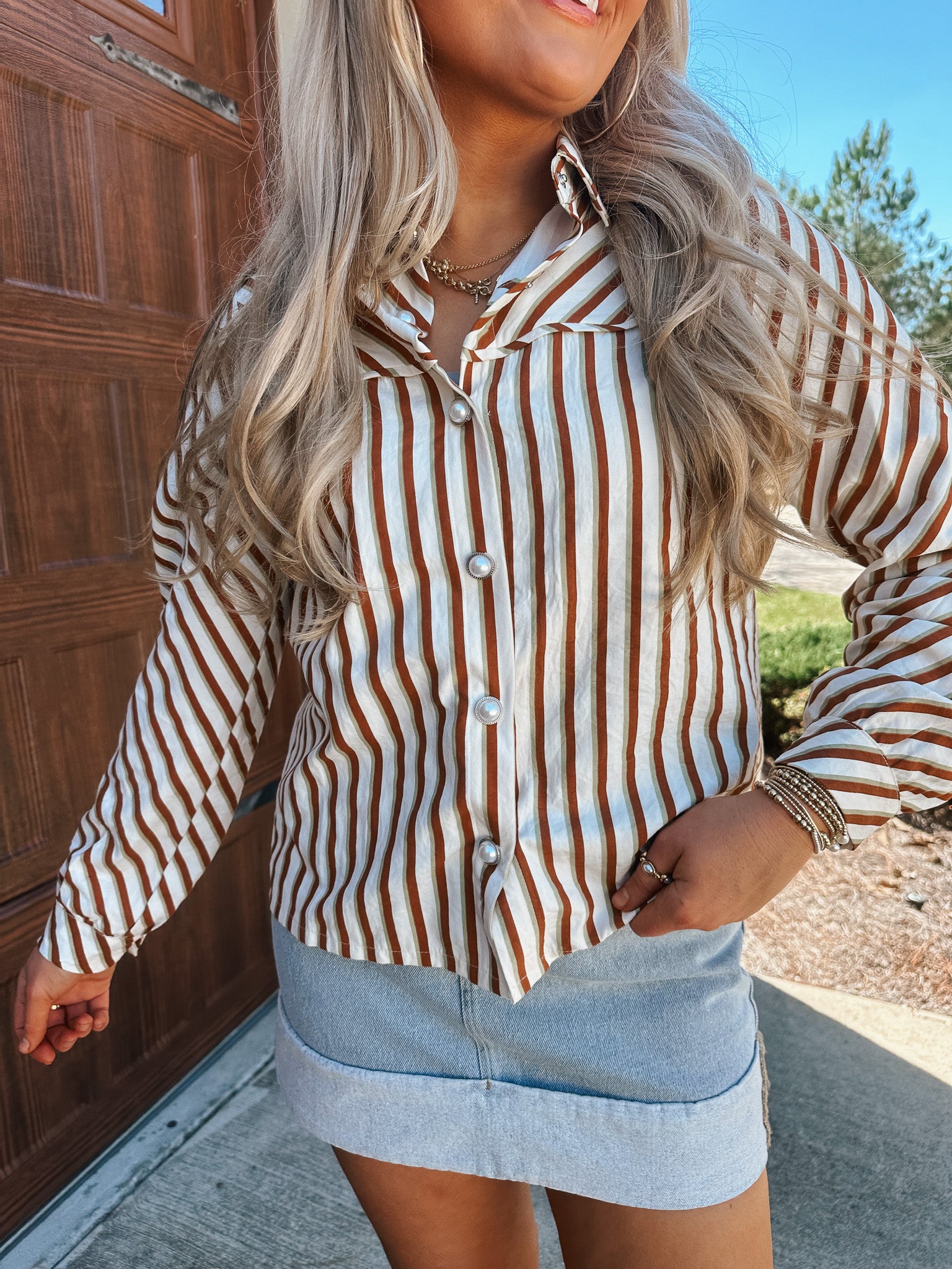 Cider Season Striped Long Sleeve Button Up Top