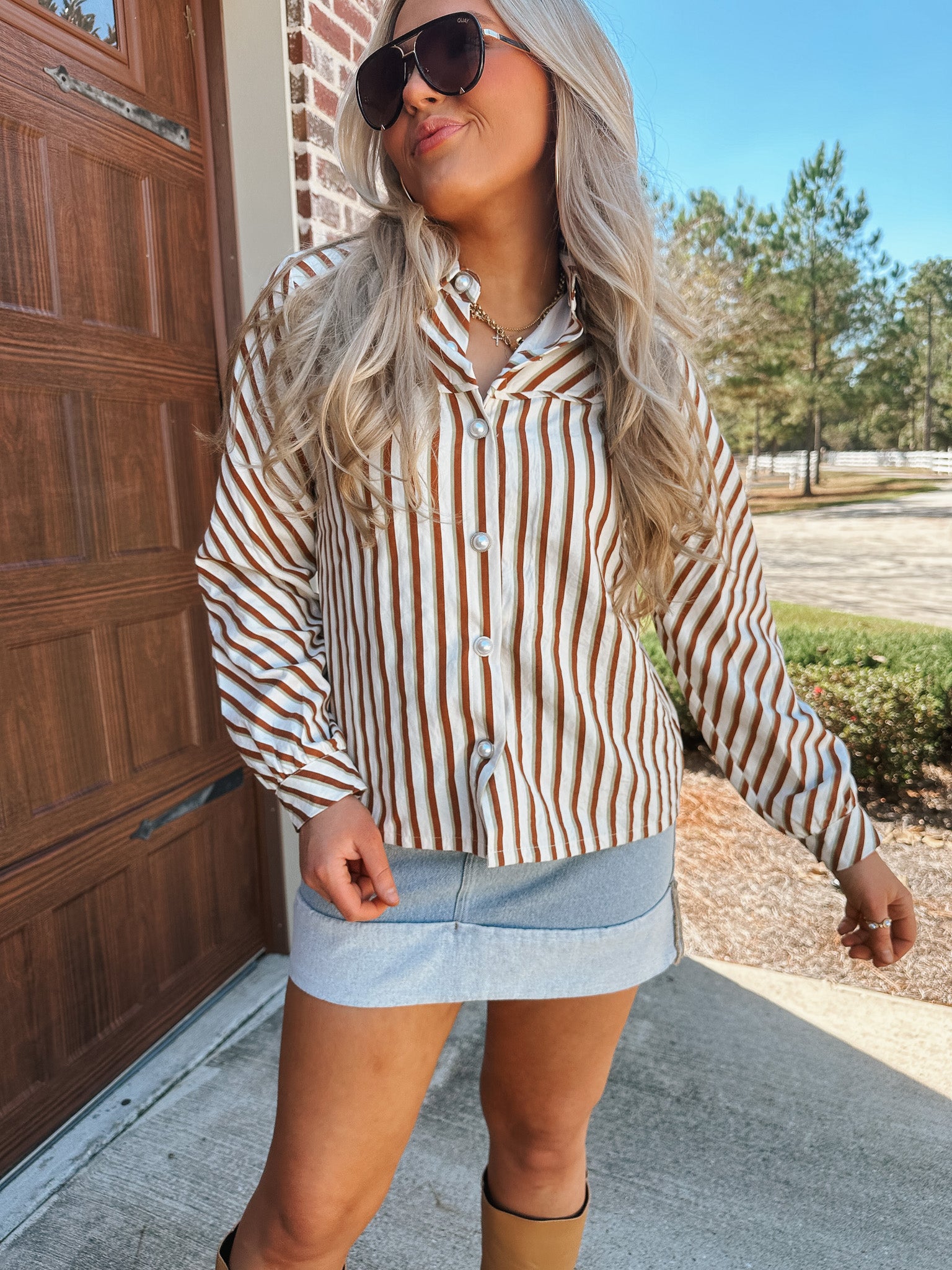 Cider Season Striped Long Sleeve Button Up Top