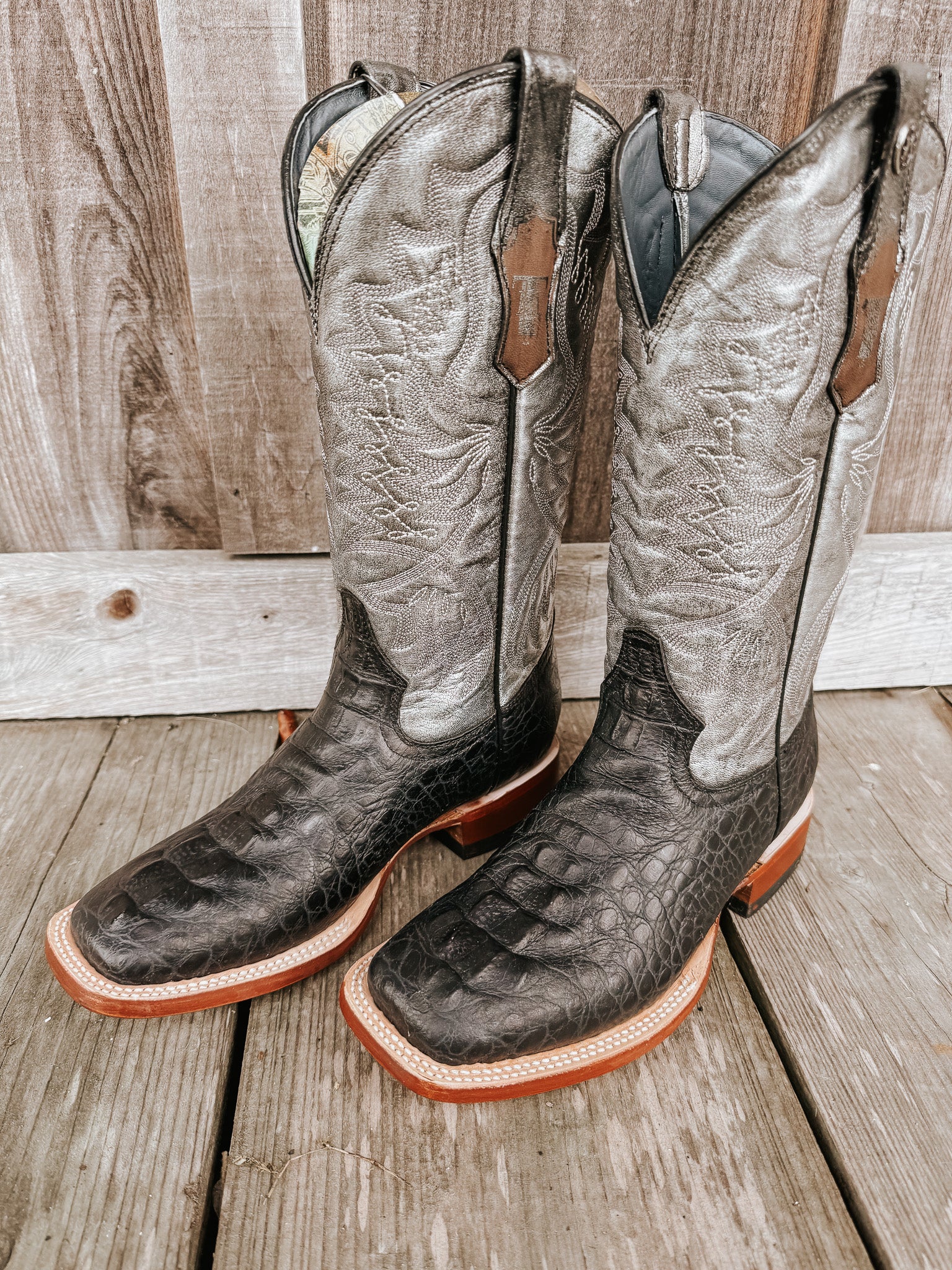 Botas negras con estampado de caimán Tanner Mark Amberlyn Hornback para mujer