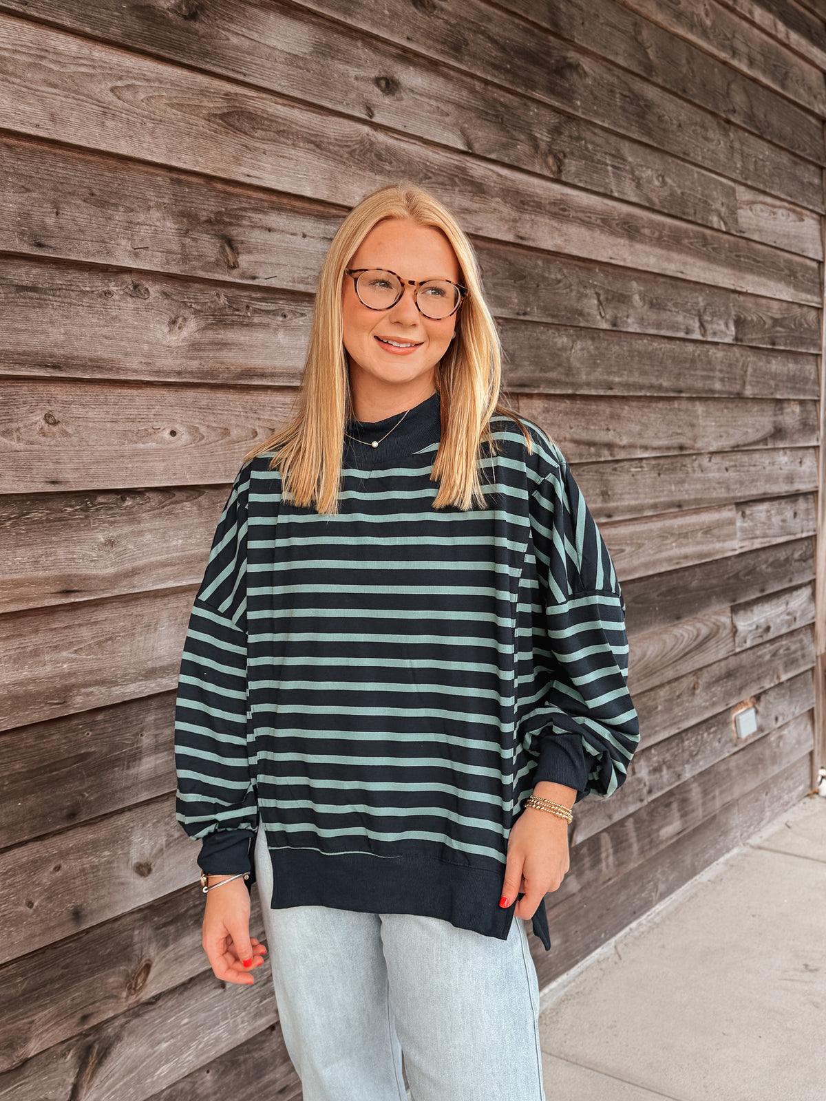 Simply Striped Mockneck in Navy/Sage