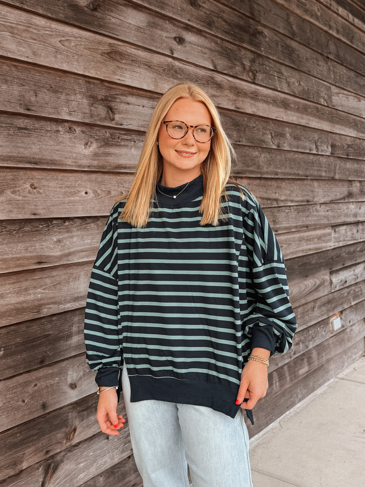 Simply Striped Mockneck in Navy/Sage
