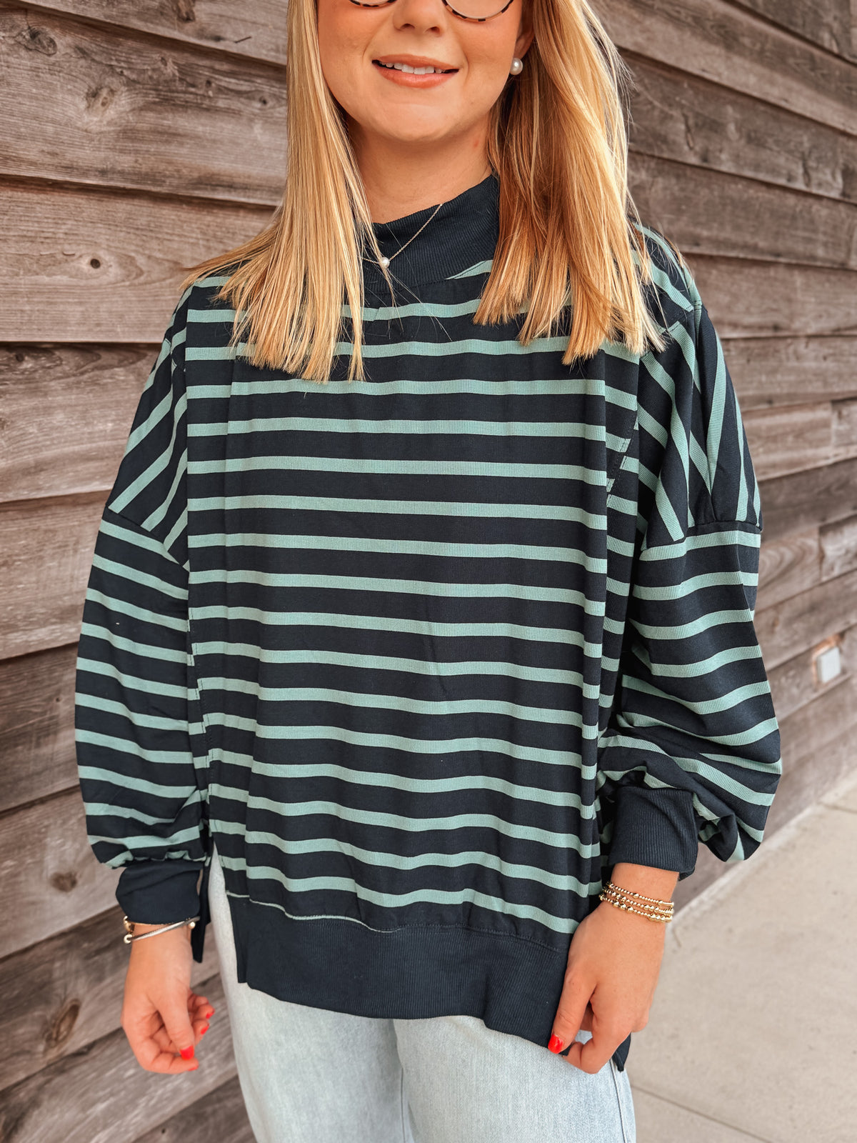 Simply Striped Mockneck in Navy/Sage