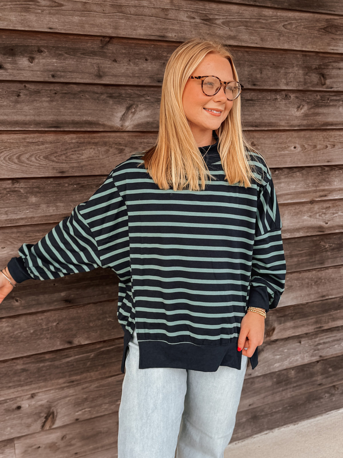 Simply Striped Mockneck in Navy/Sage