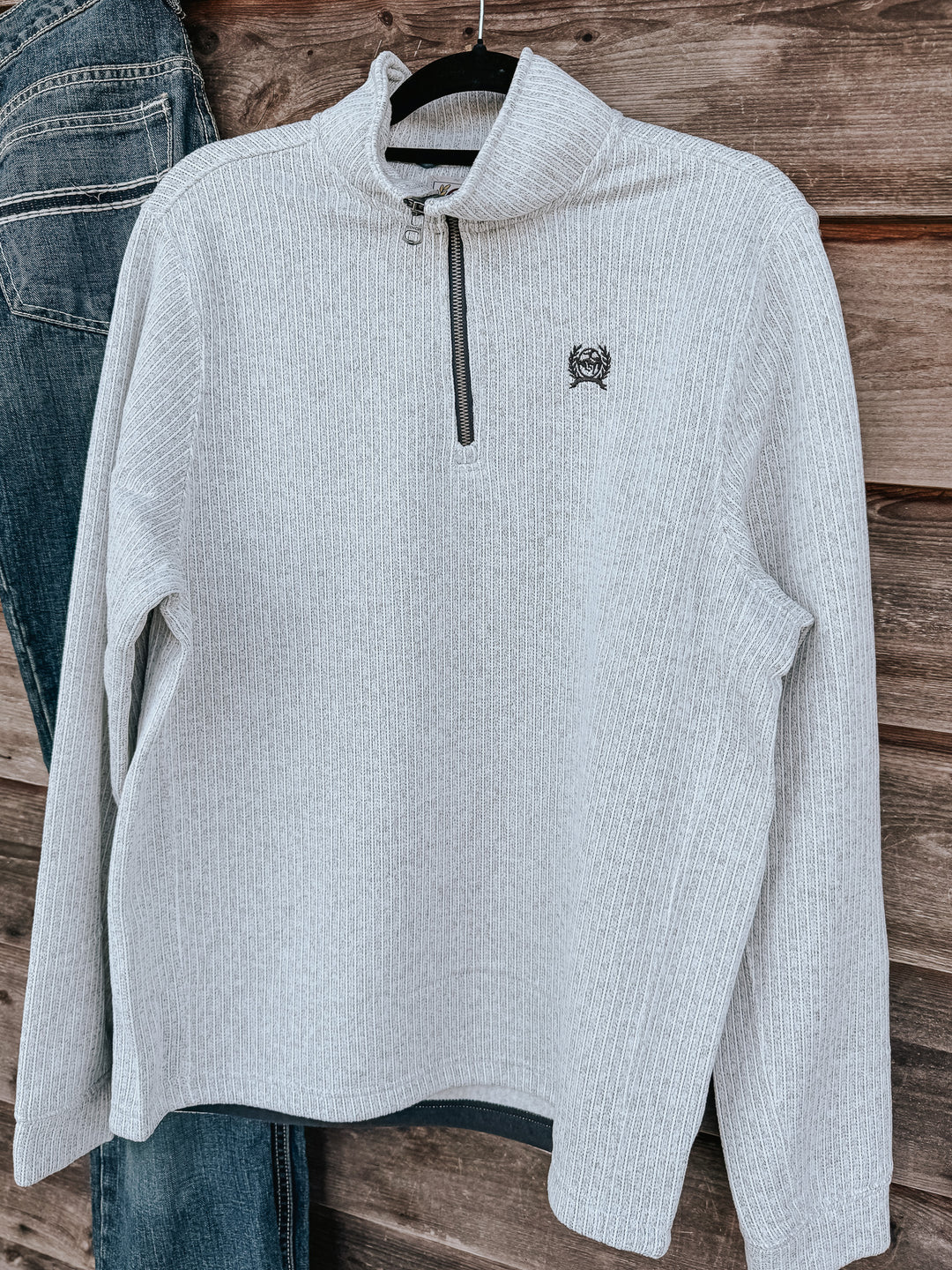 ◆ひーchan Men's Cinch Ribbed 1/4 Zip Grey Pullover – Boot Country