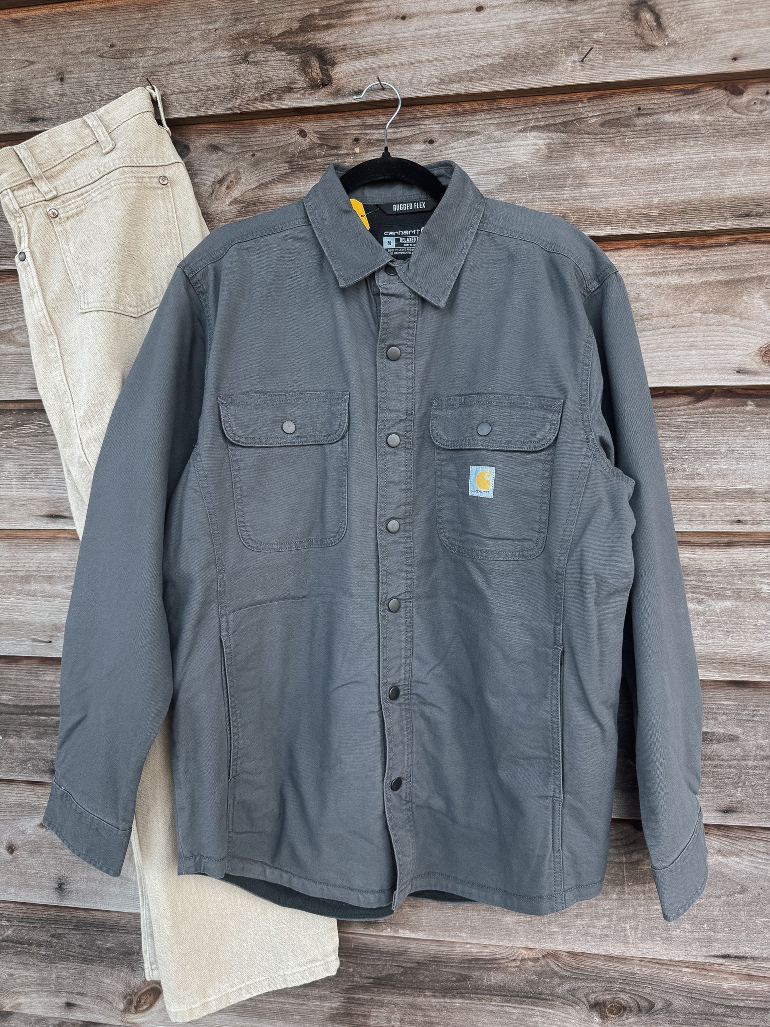Men's Carhartt Rugged Flex Relaxed Fit Canvas Fleece-Lined Shirt Jacket in Grey