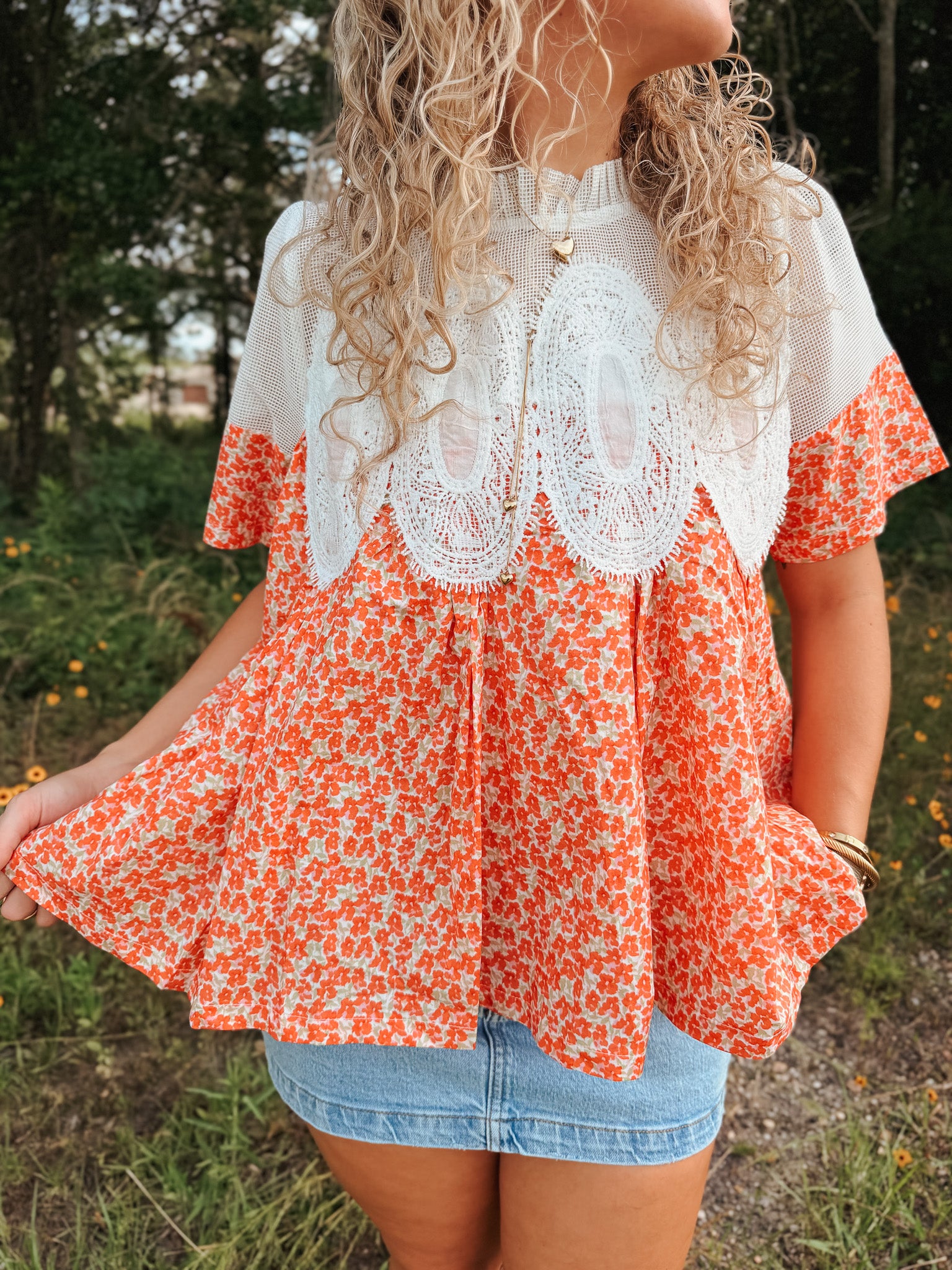 Tangerine Dream Floral & Lace Top