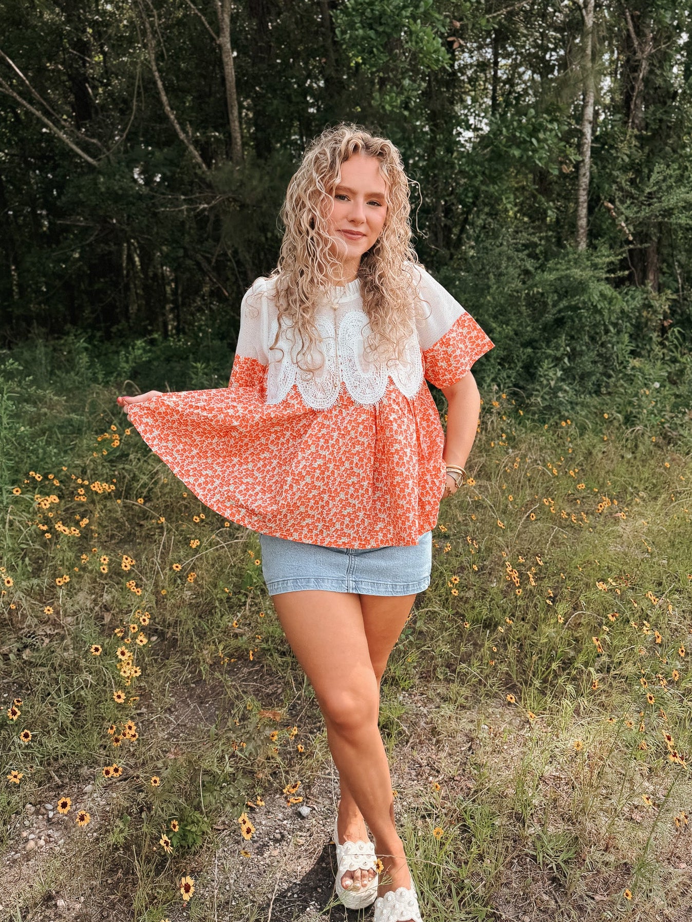 Tangerine Dream Floral & Lace Top