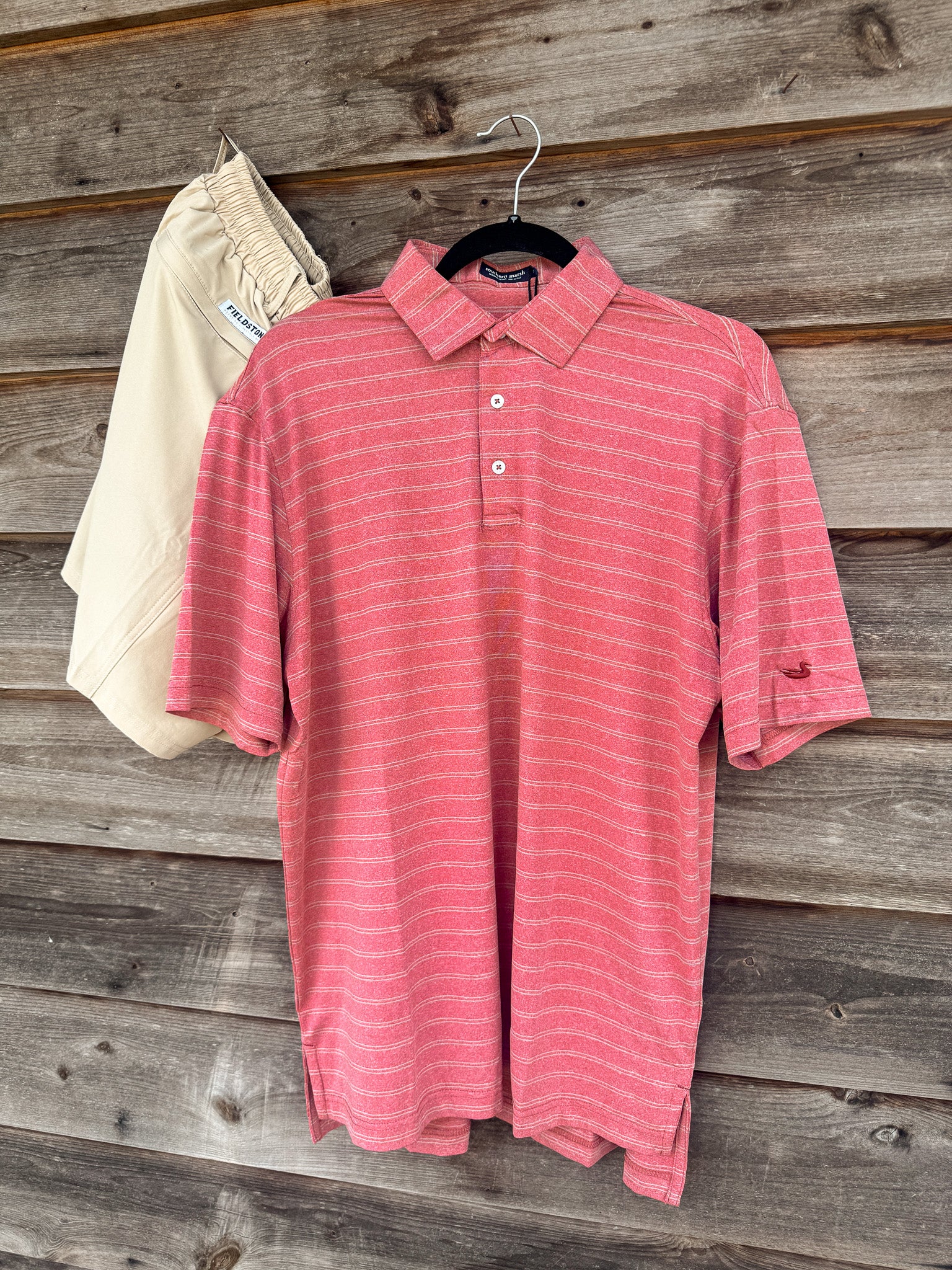 Men's Southern Marsh Newcastle Stripe Featherlight Polo in Rhubarb