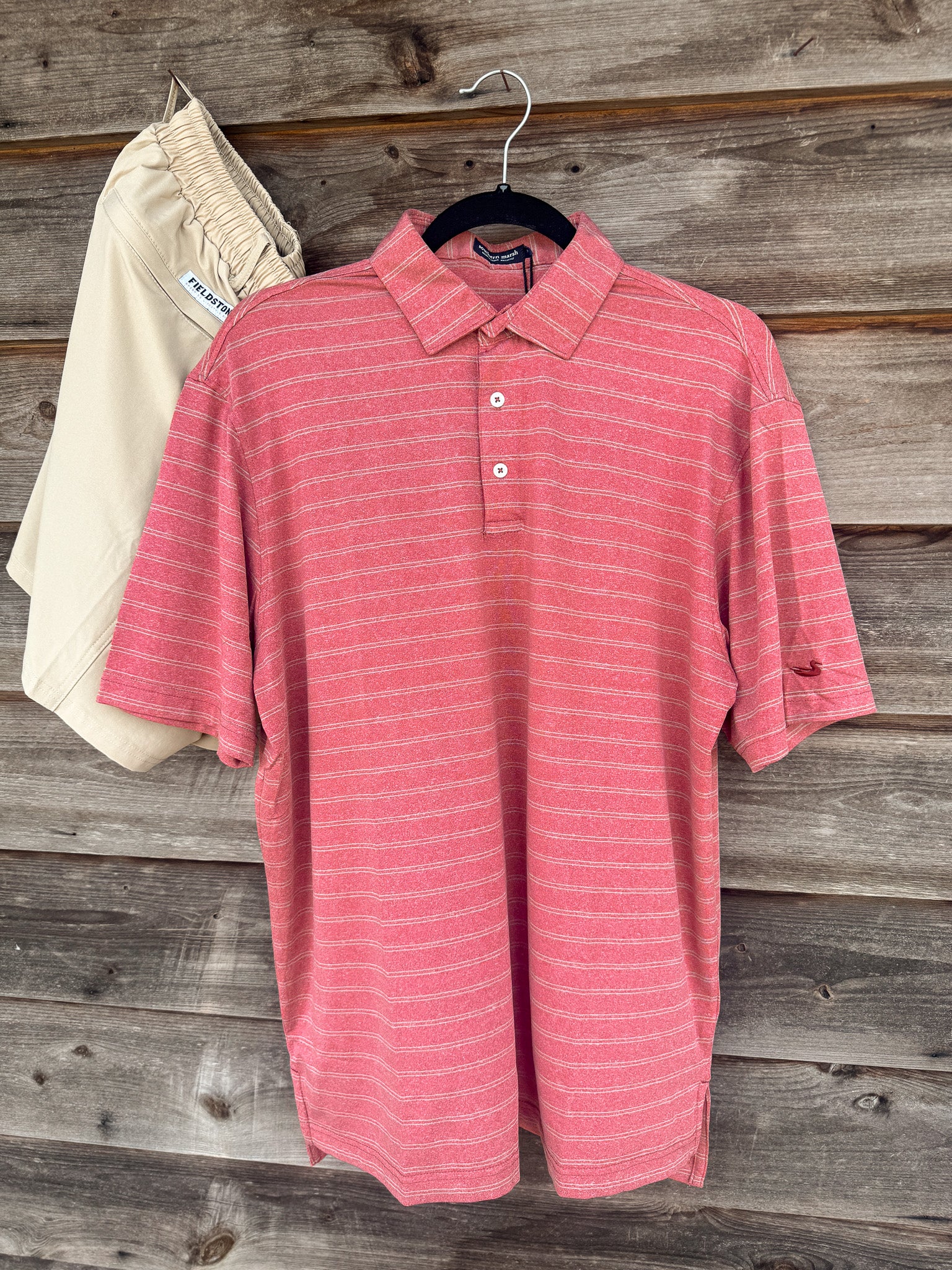Men's Southern Marsh Newcastle Stripe Featherlight Polo in Rhubarb
