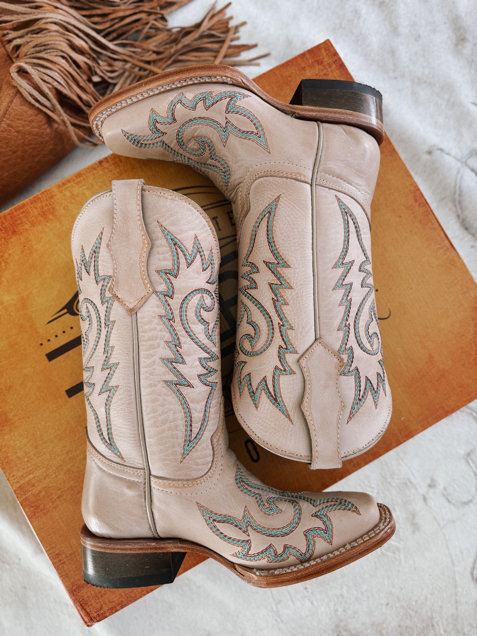 Youth Corral Flame Embroidered Bone White Boots