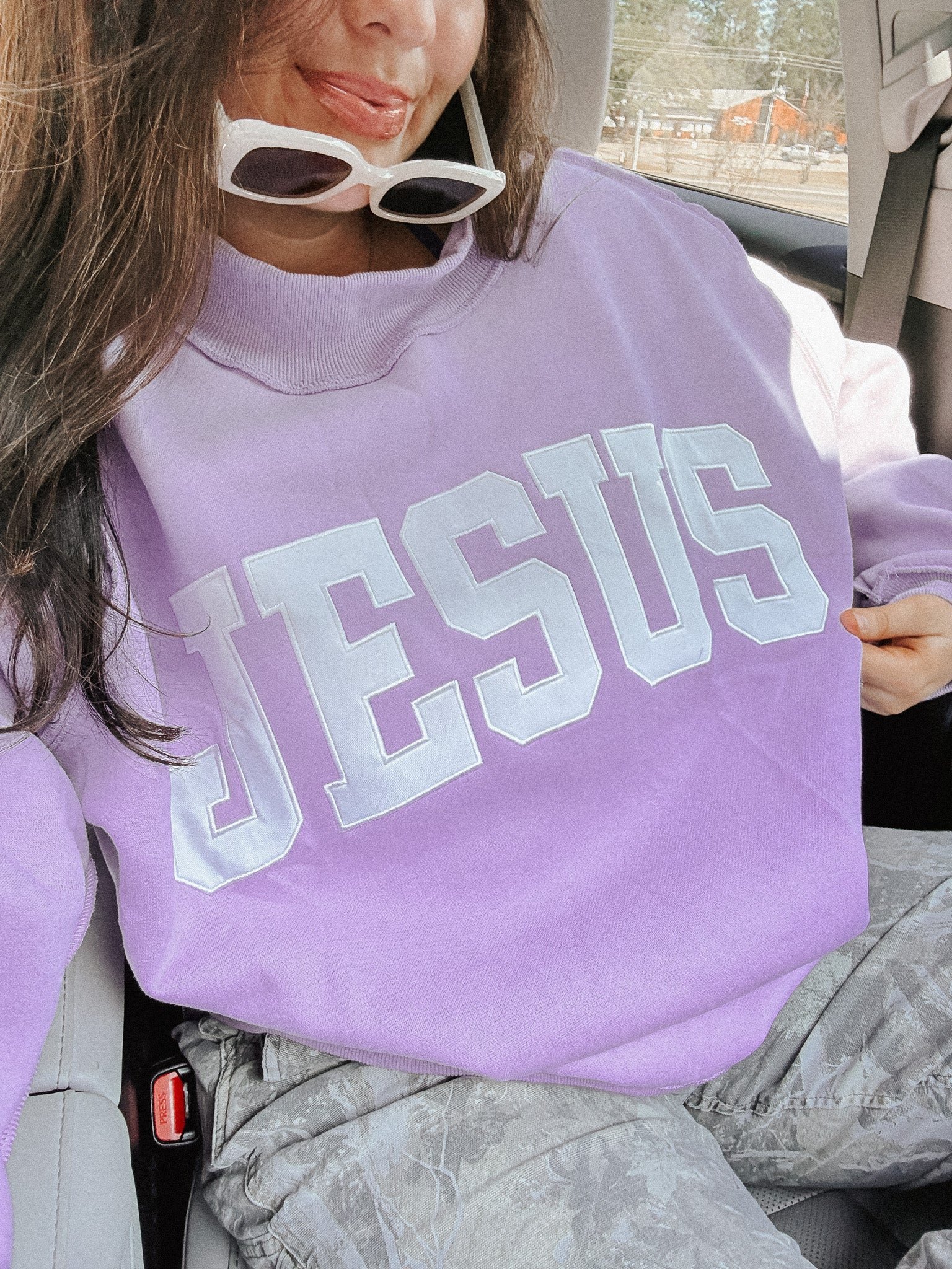 Jesus Embroidered Mock Neck Sweatshirt in Lavender