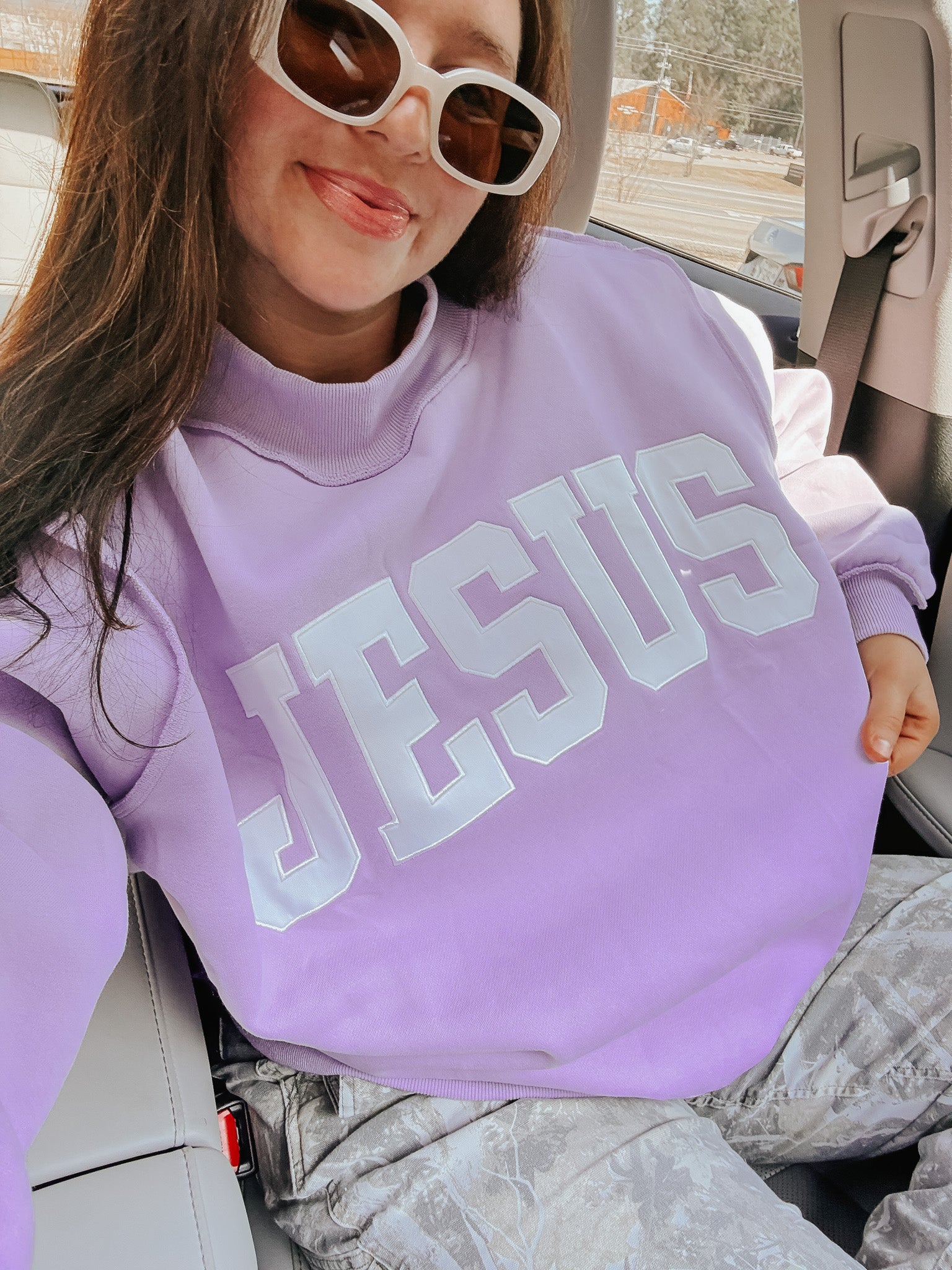 Jesus Embroidered Mock Neck Sweatshirt in Lavender