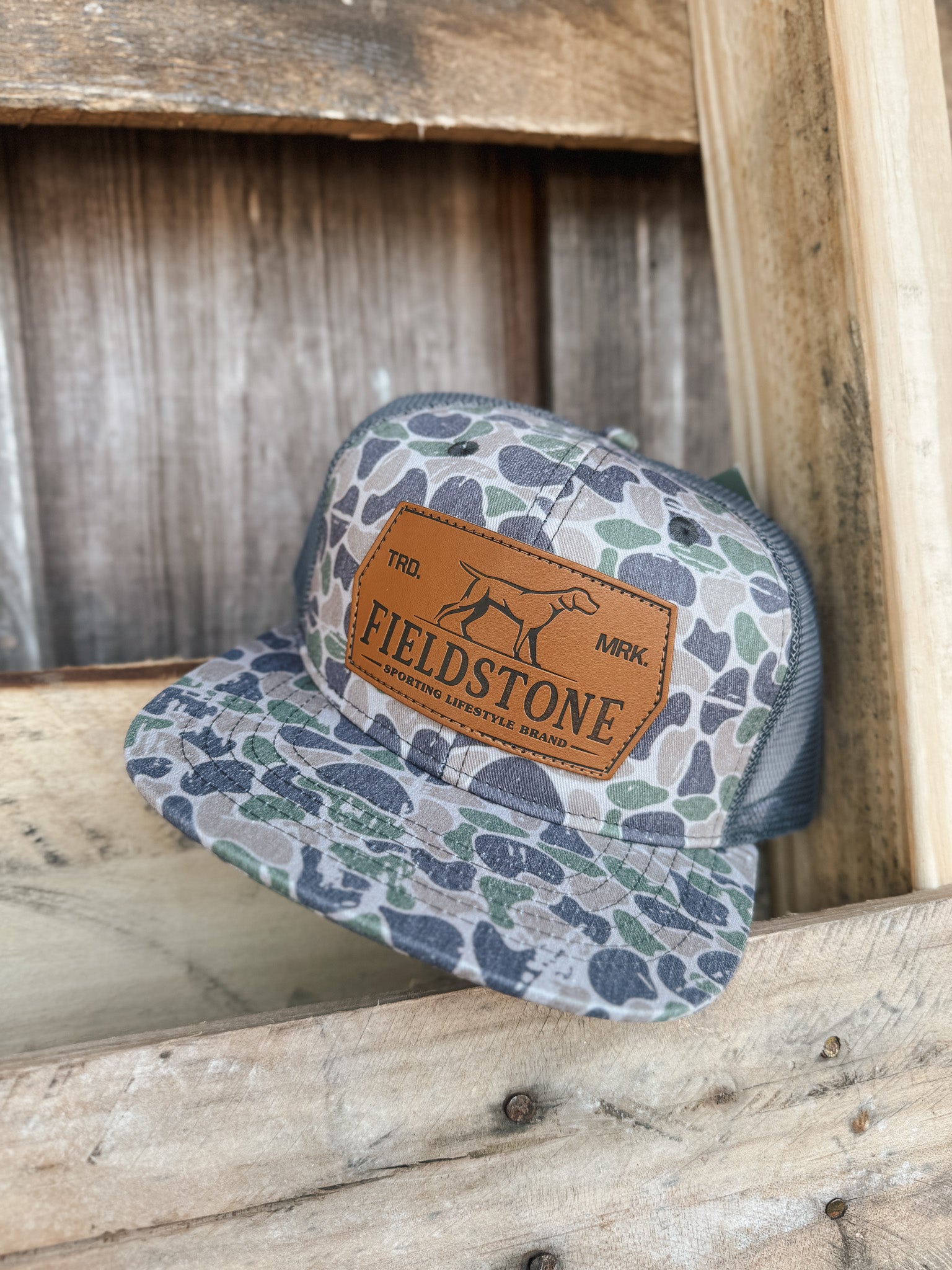 Fieldstone Backwoods Camo Leather Patch Cap