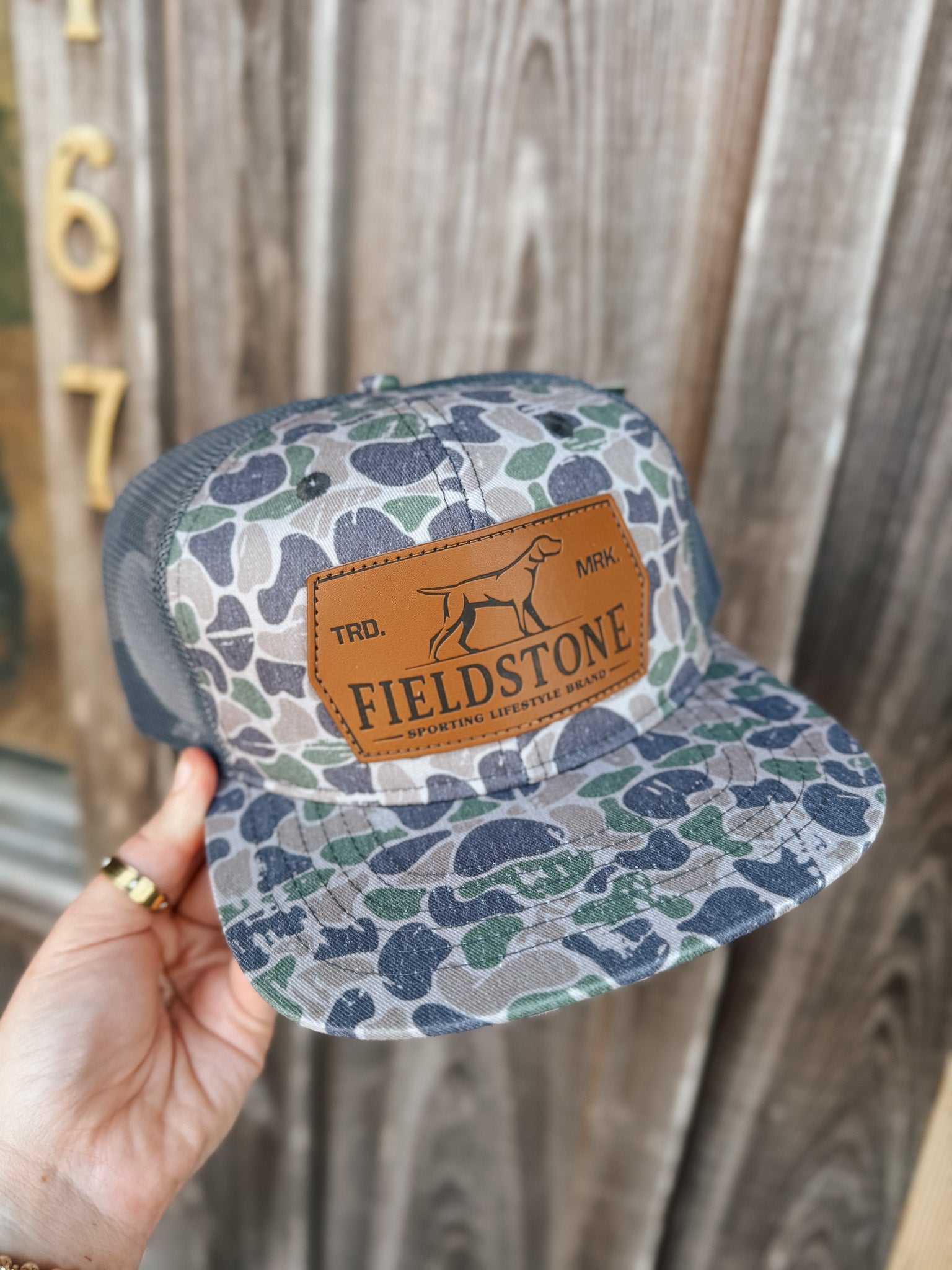 Fieldstone Backwoods Camo Leather Patch Cap