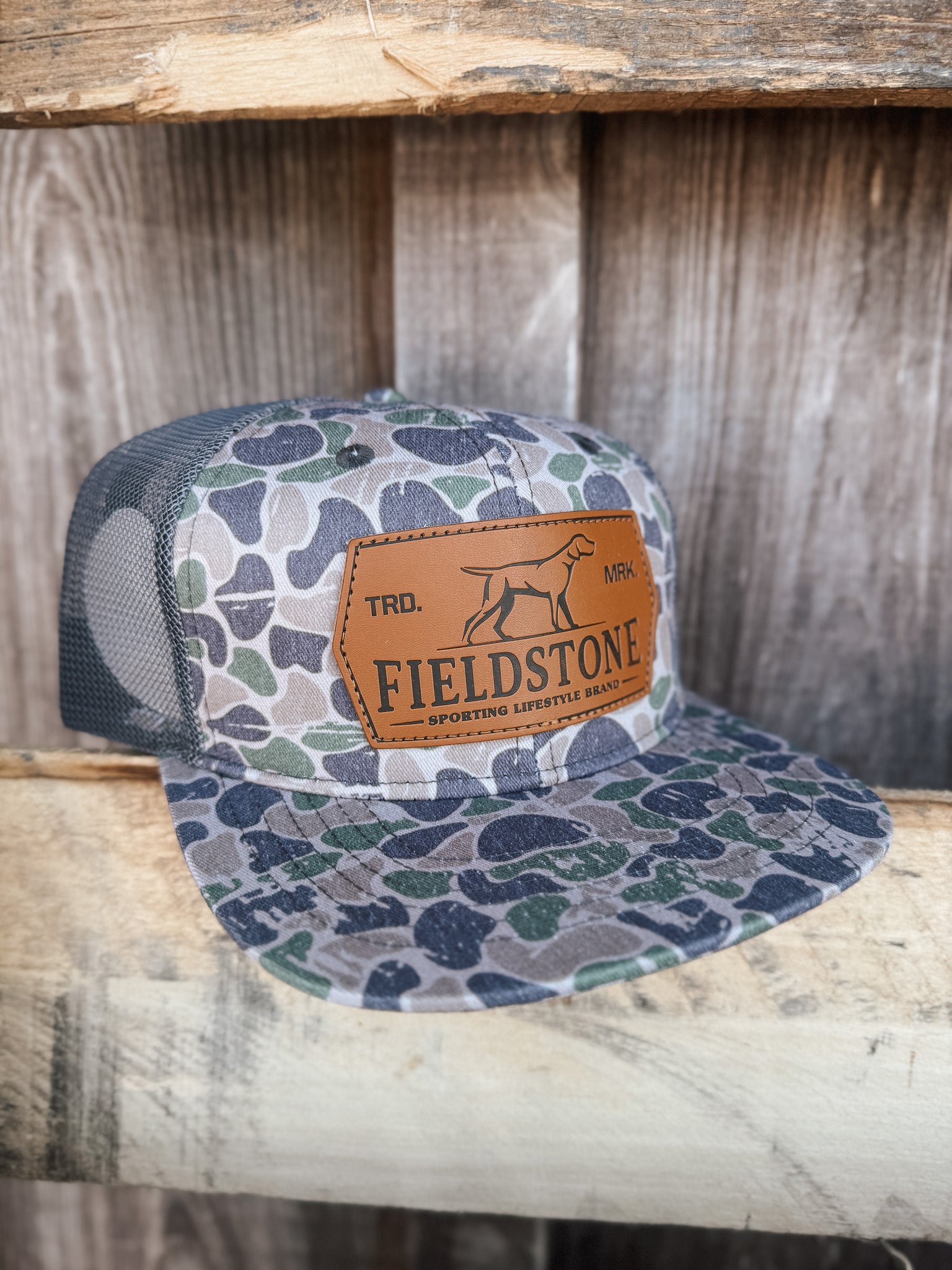 Fieldstone Backwoods Camo Leather Patch Cap