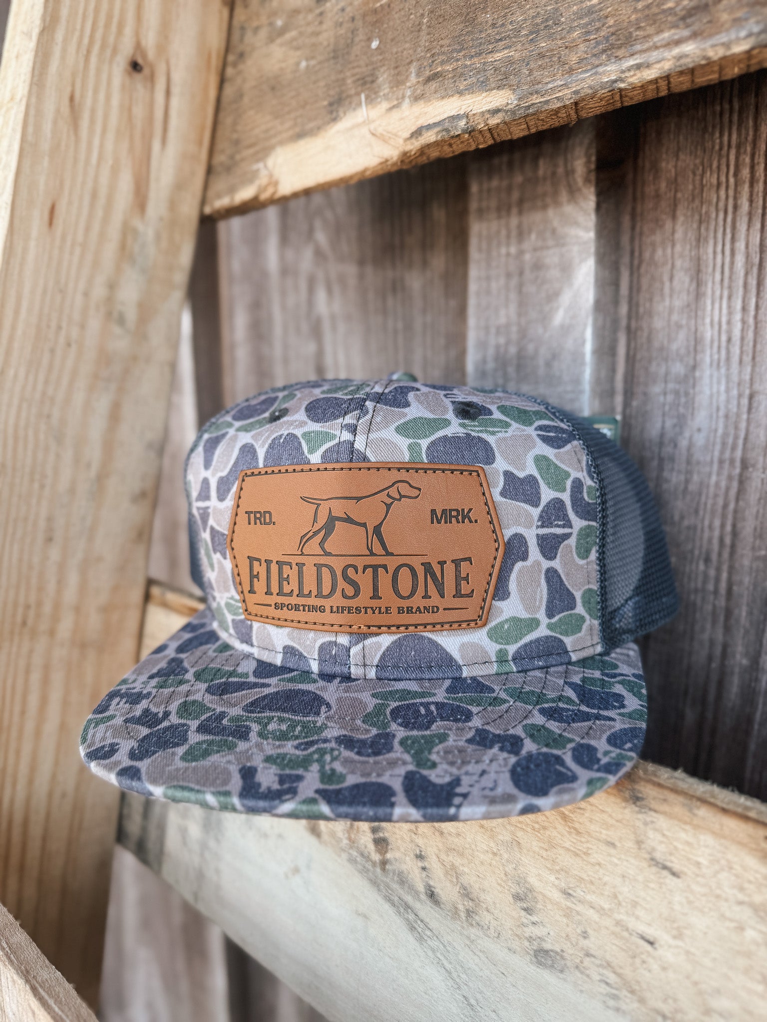 Fieldstone Backwoods Camo Leather Patch Cap