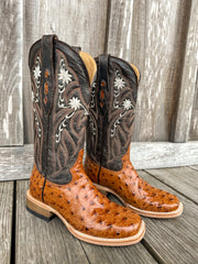 Cowtown Women's Full Quill Ostrich Print Square Toe Boots in Cognac