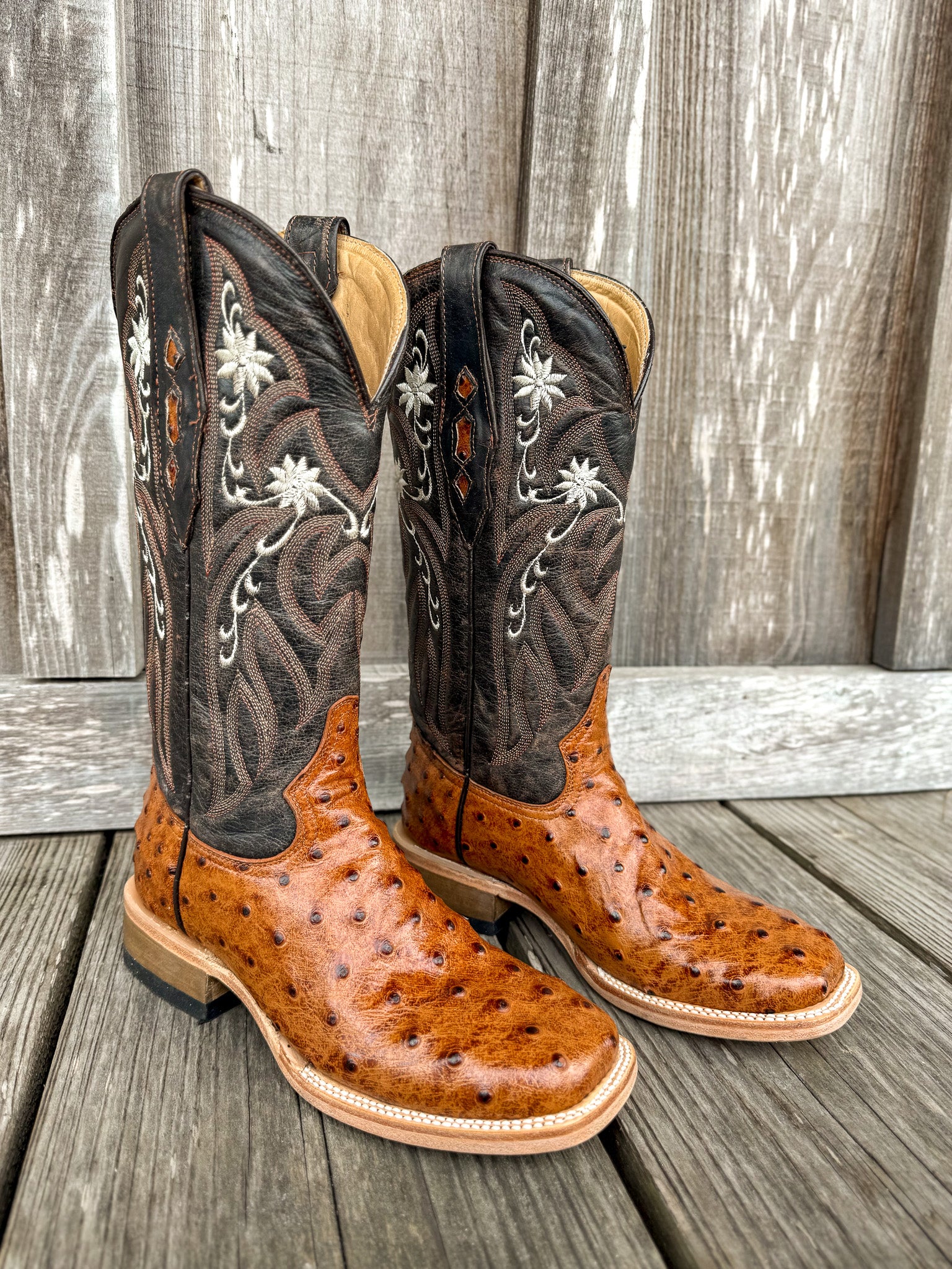 Cowtown Women's Full Quill Ostrich Print Square Toe Boots in Cognac