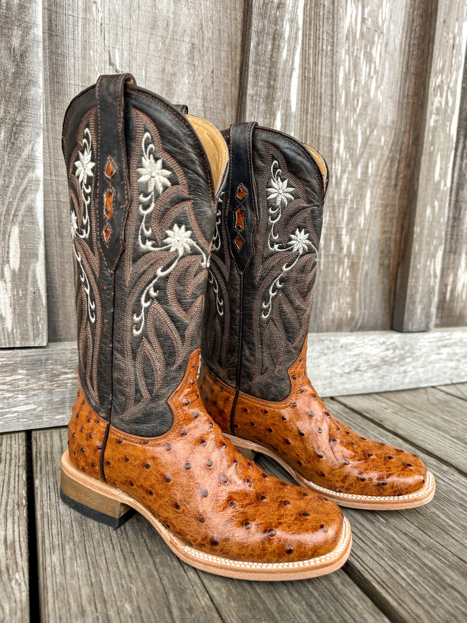 Cowtown Women's Full Quill Ostrich Print Square Toe Boots in Cognac