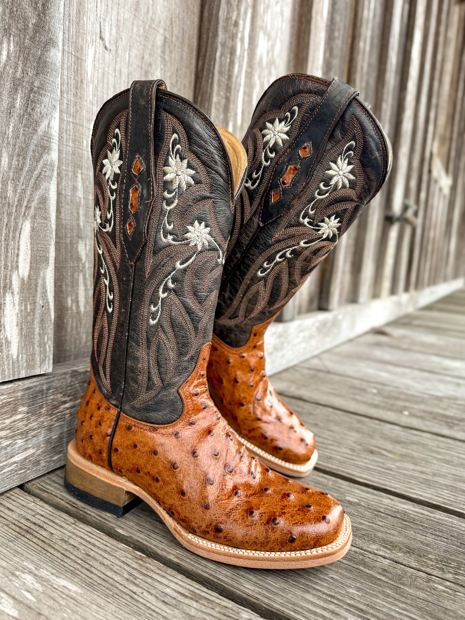 Cowtown Women's Full Quill Ostrich Print Square Toe Boots in Cognac