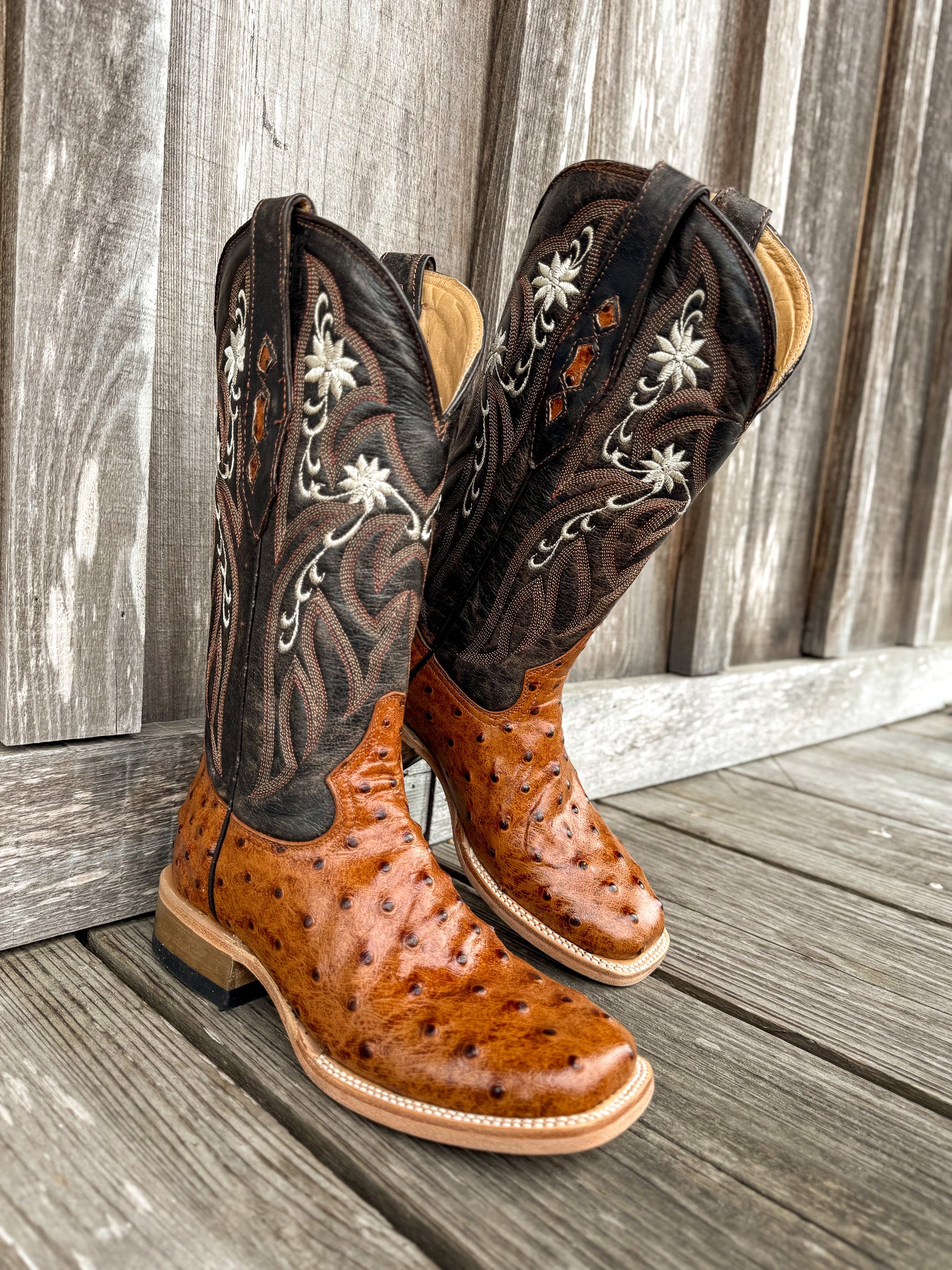 Cowtown Women's Full Quill Ostrich Print Square Toe Boots in Cognac