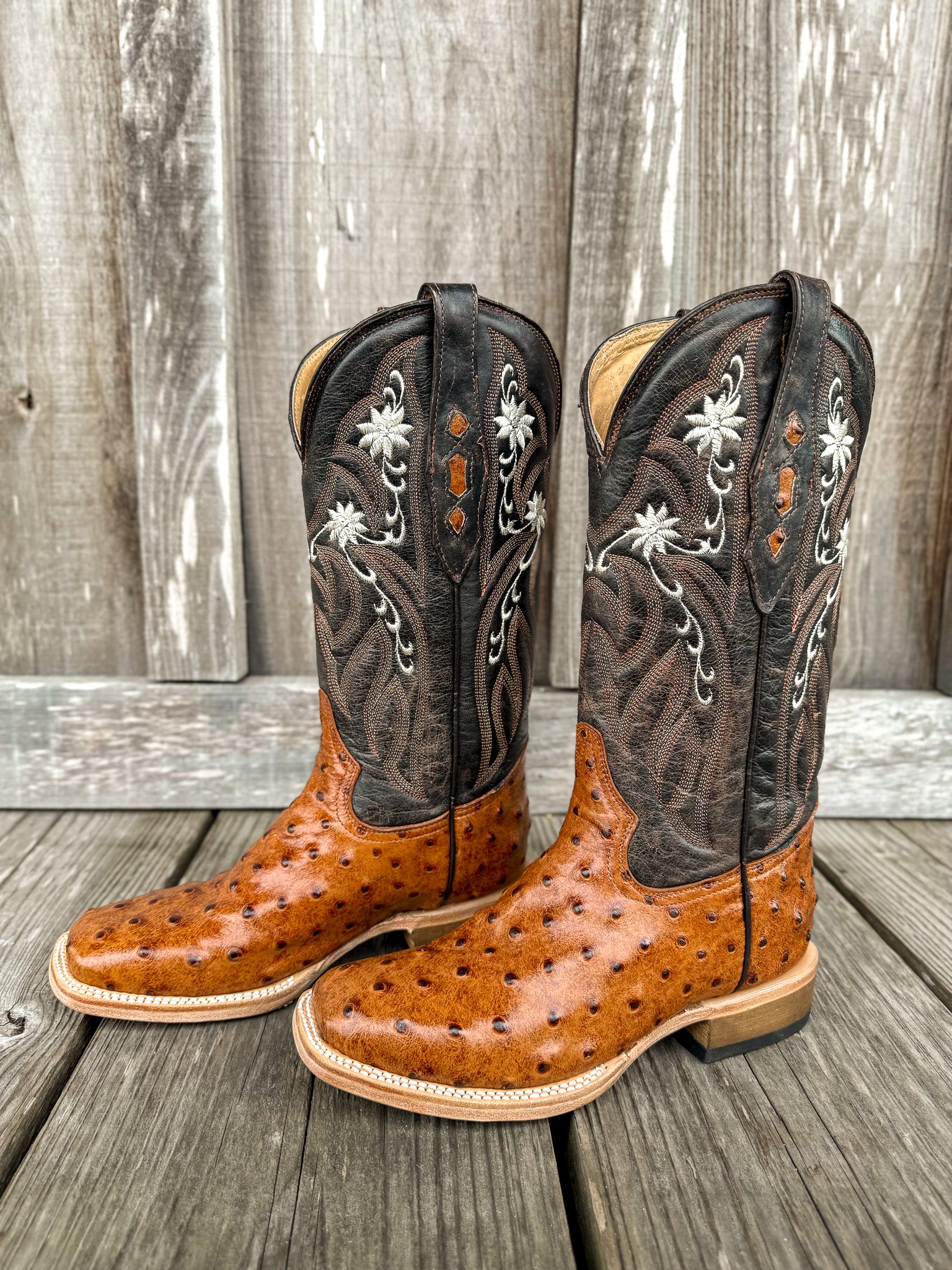 Cowtown Women's Full Quill Ostrich Print Square Toe Boots in Cognac