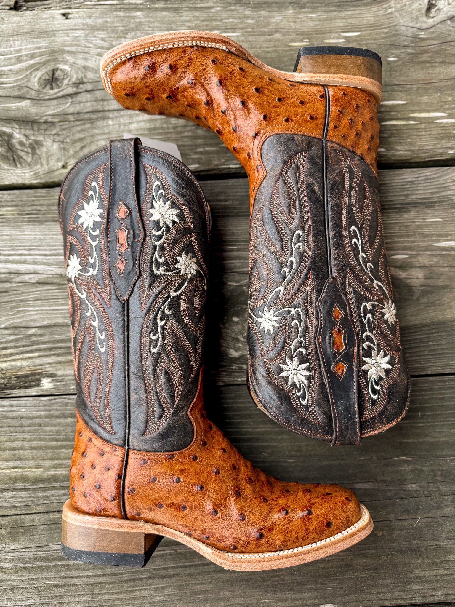 Cowtown Women's Full Quill Ostrich Print Square Toe Boots in Cognac