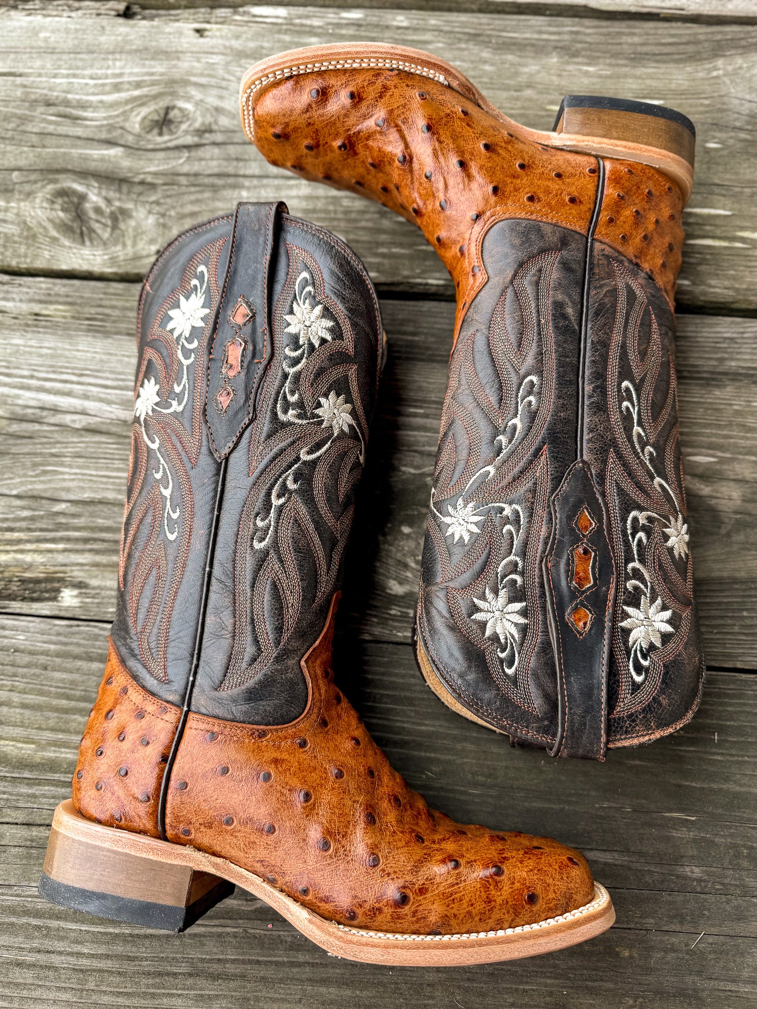 Cowtown Women's Full Quill Ostrich Print Square Toe Boots in Cognac