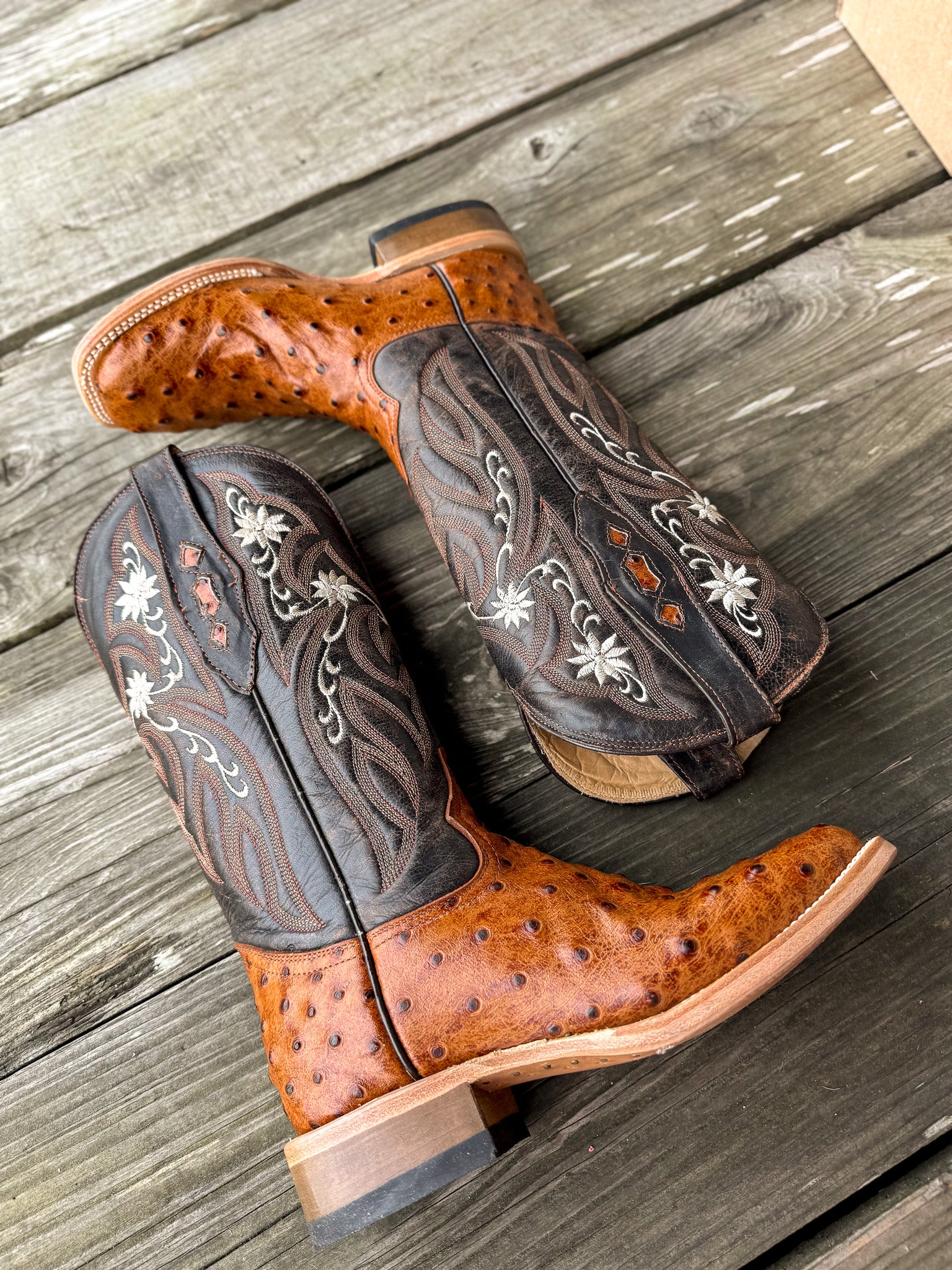 Cowtown Women's Full Quill Ostrich Print Square Toe Boots in Cognac