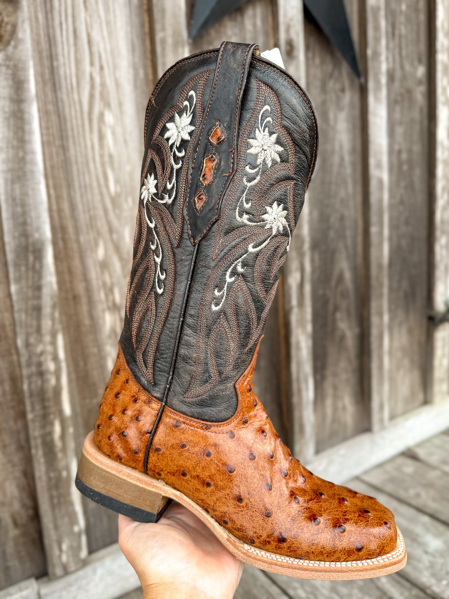 Cowtown Women's Full Quill Ostrich Print Square Toe Boots in Cognac