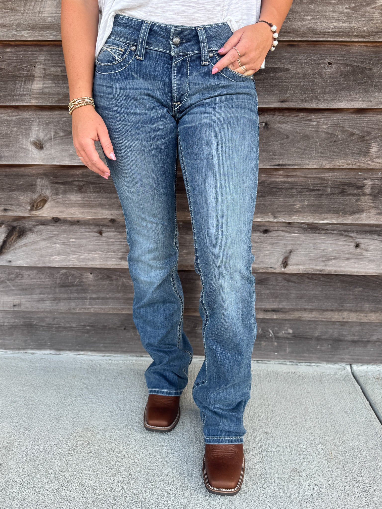 Women's Ariat R.E.A.L. Mid Rise Stretch Whipstitch Boot Cut Jean in Rainstorm