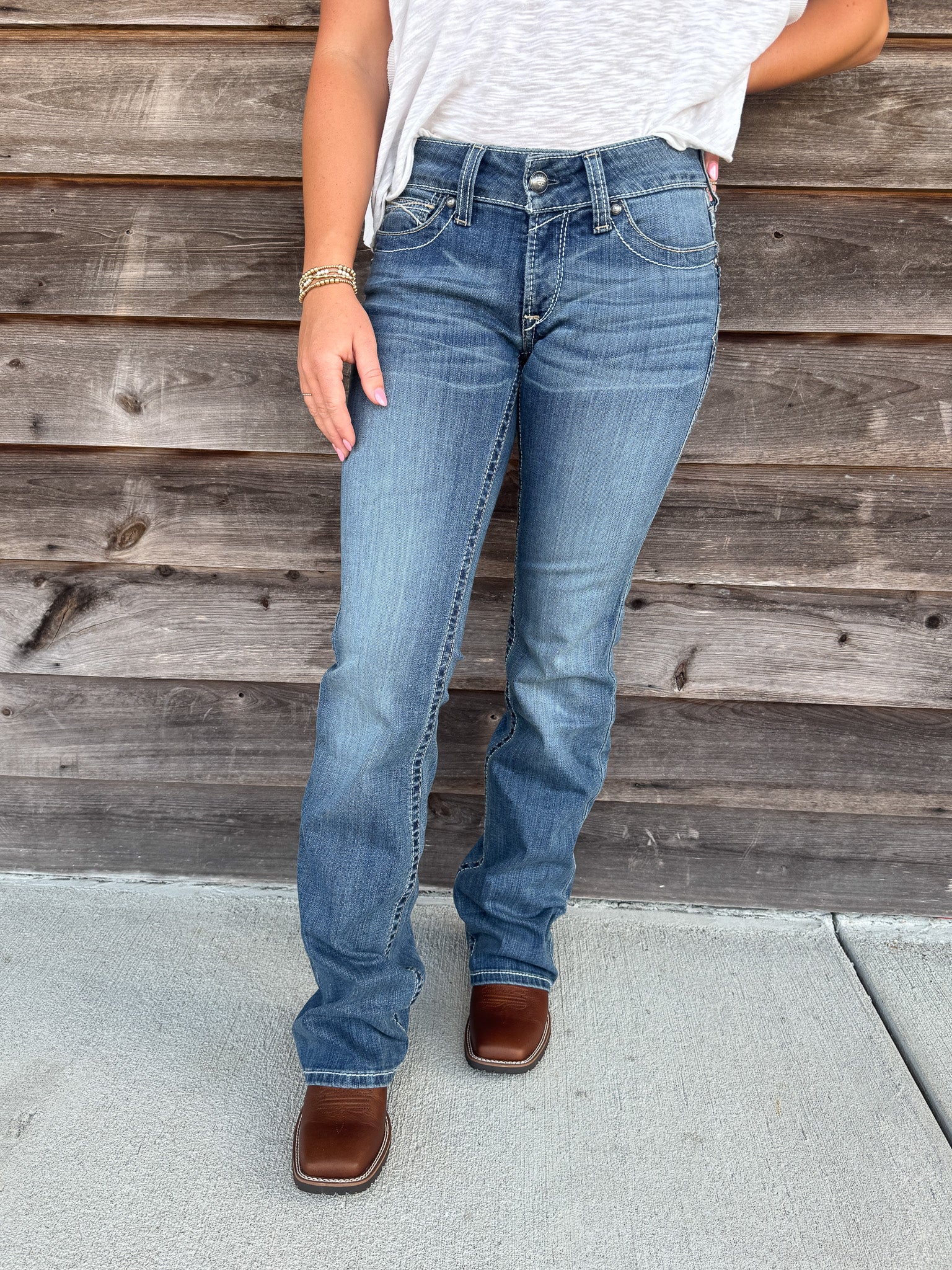 Women's Ariat R.E.A.L. Mid Rise Stretch Whipstitch Boot Cut Jean in Rainstorm