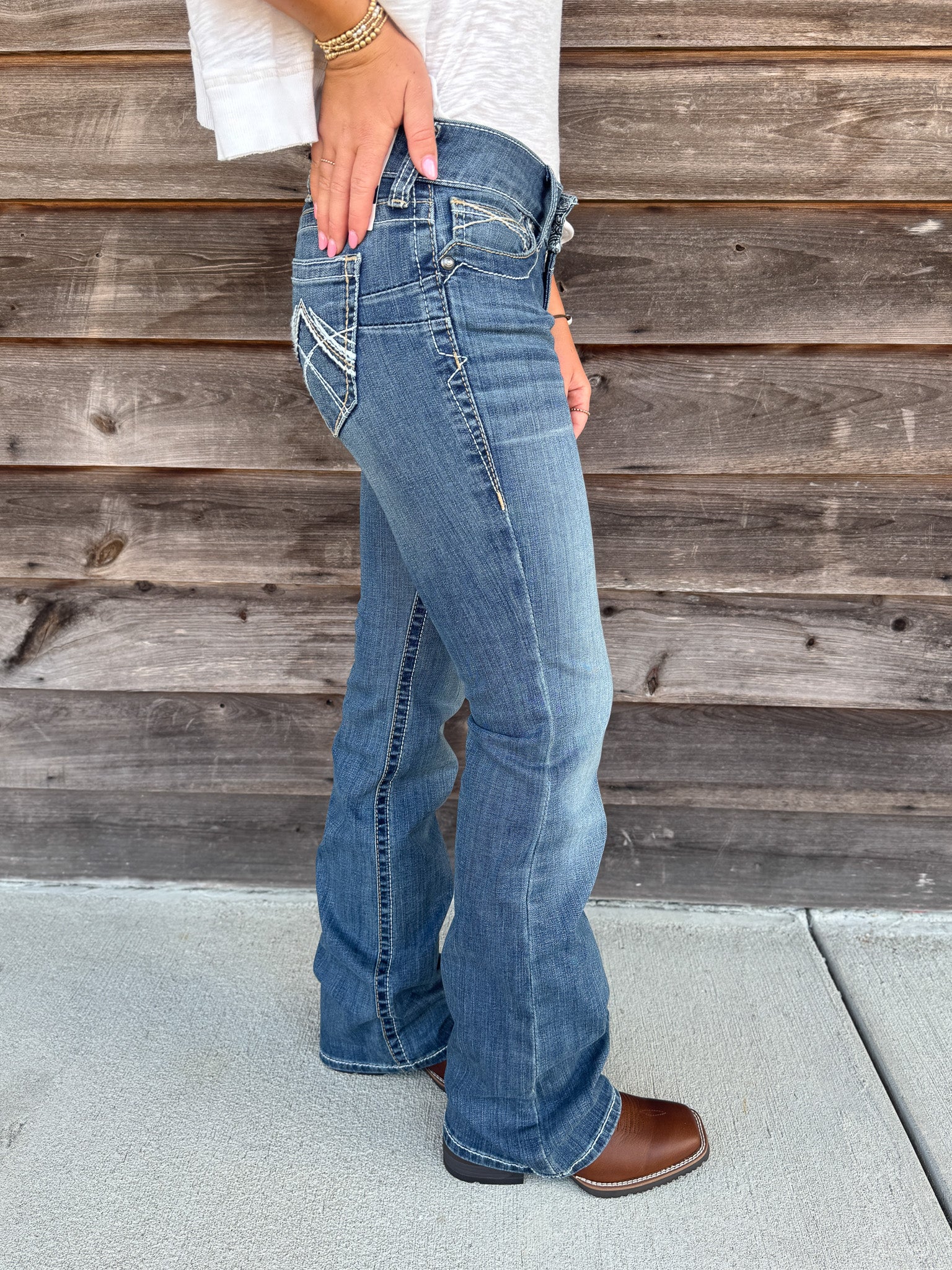 Women's Ariat R.E.A.L. Mid Rise Stretch Whipstitch Boot Cut Jean in Rainstorm