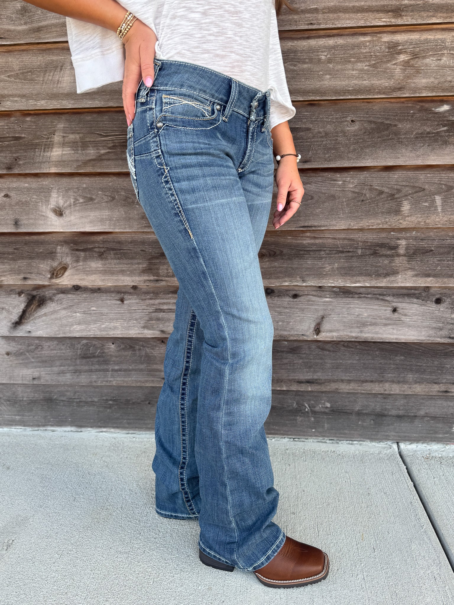 Women's Ariat R.E.A.L. Mid Rise Stretch Whipstitch Boot Cut Jean in Rainstorm