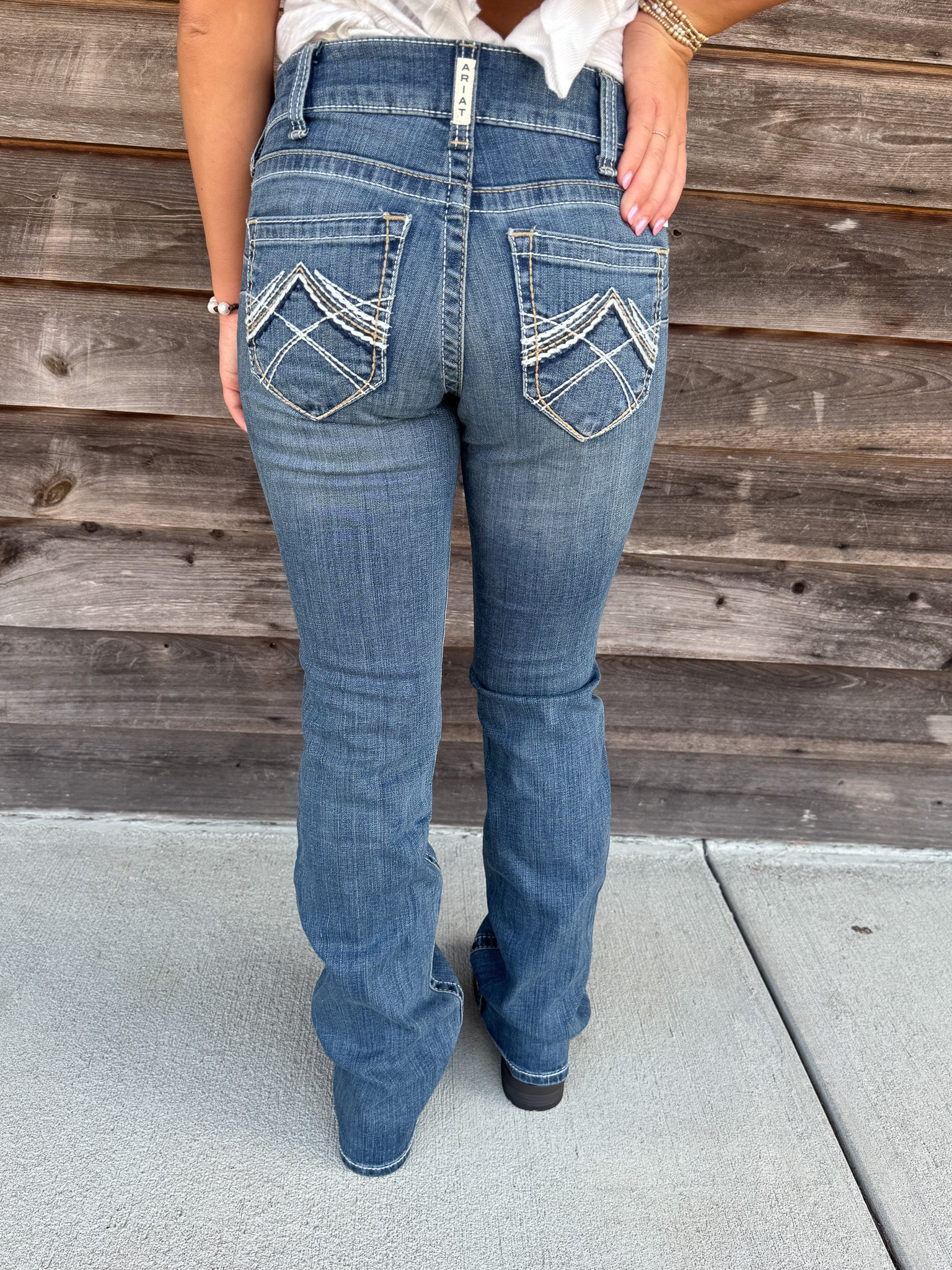 Women's Ariat R.E.A.L. Mid Rise Stretch Whipstitch Boot Cut Jean in Rainstorm