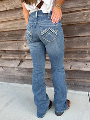 Women's Ariat R.E.A.L. Mid Rise Stretch Whipstitch Boot Cut Jean in Rainstorm